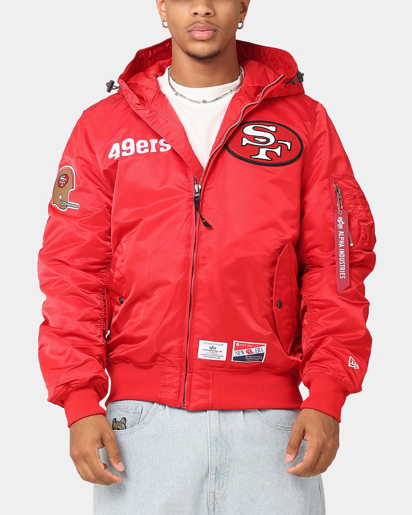 Active Lifestyle Gear New Era San Francisco 49ers Alpha Industries L-2B Hooded Bomber Jacket Red