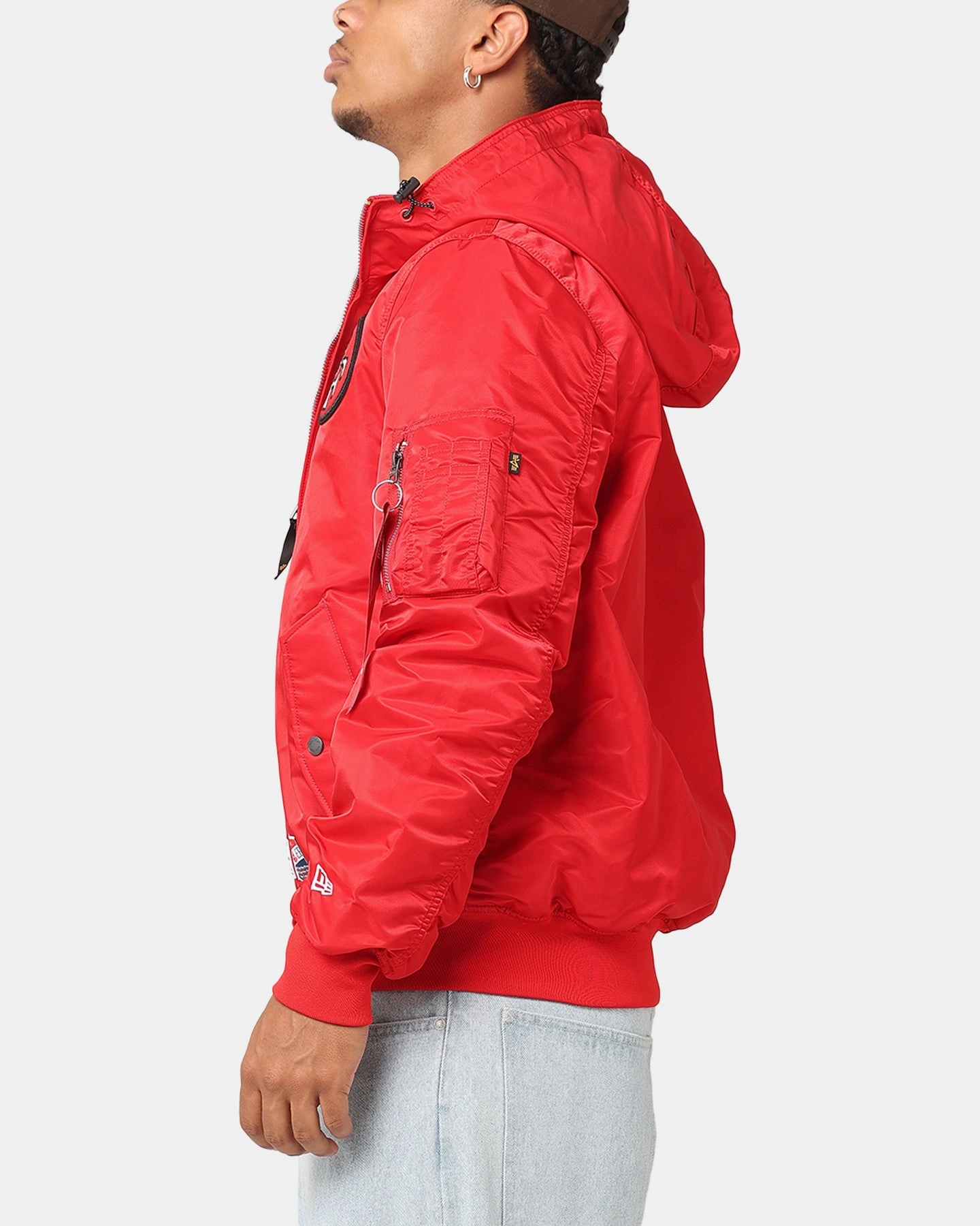 Compression Fold Design New Era San Francisco 49ers Alpha Industries L-2B Hooded Bomber Jacket Red