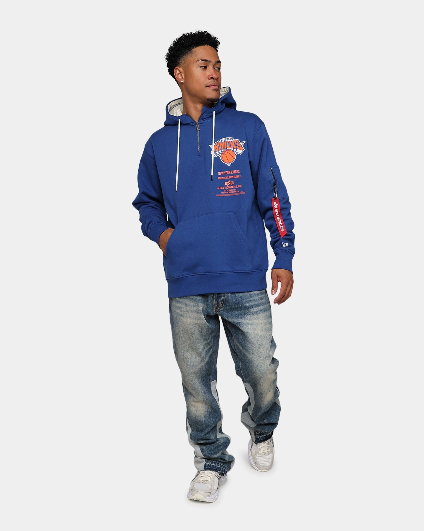 New Era X Alpha Industries New York Knicks Zipper Hoodie Blue Collarless