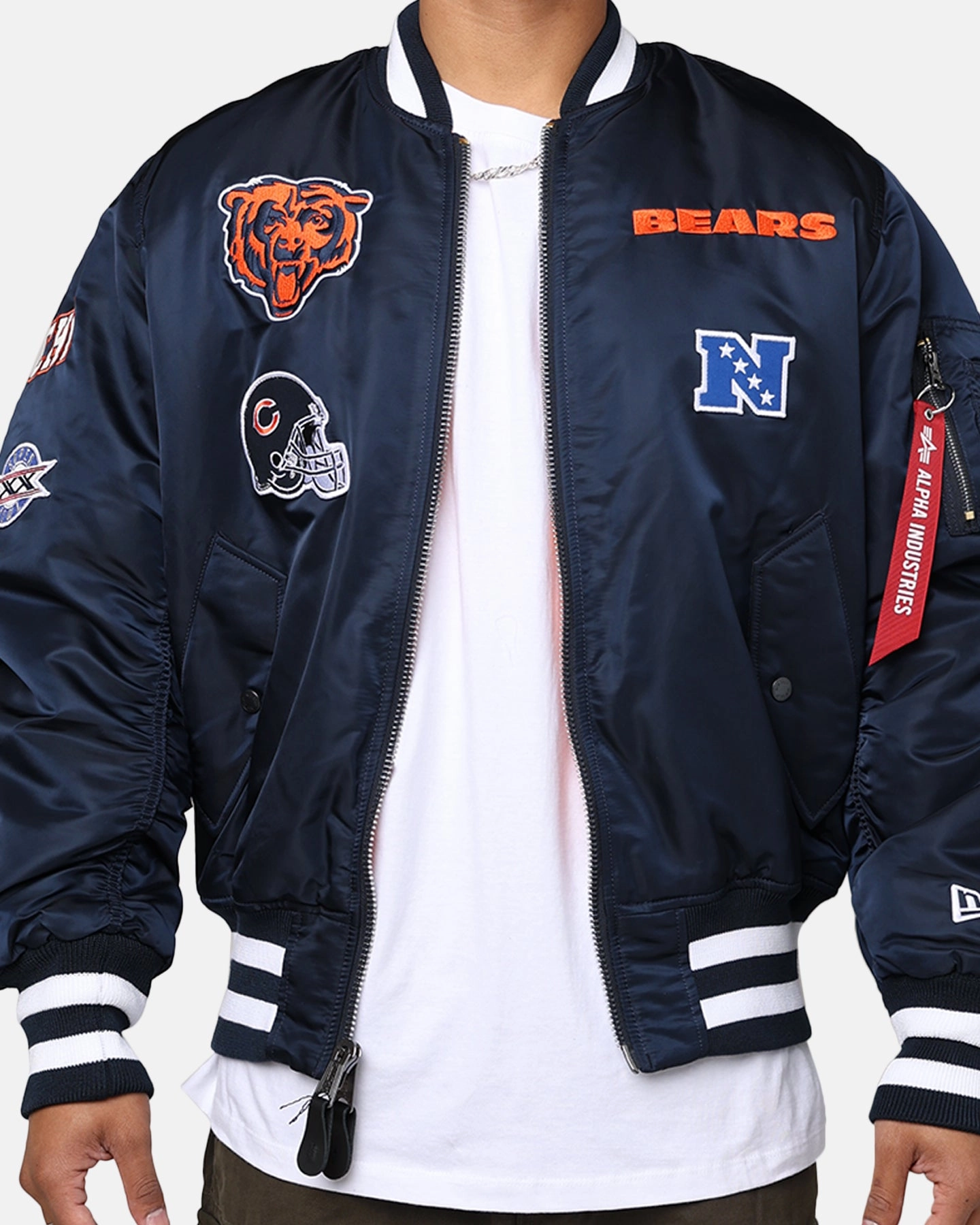 Bestow New Era X Alpha Series X NFL Chicago Bears MA-1 Bomber Jacket Navy/Orange