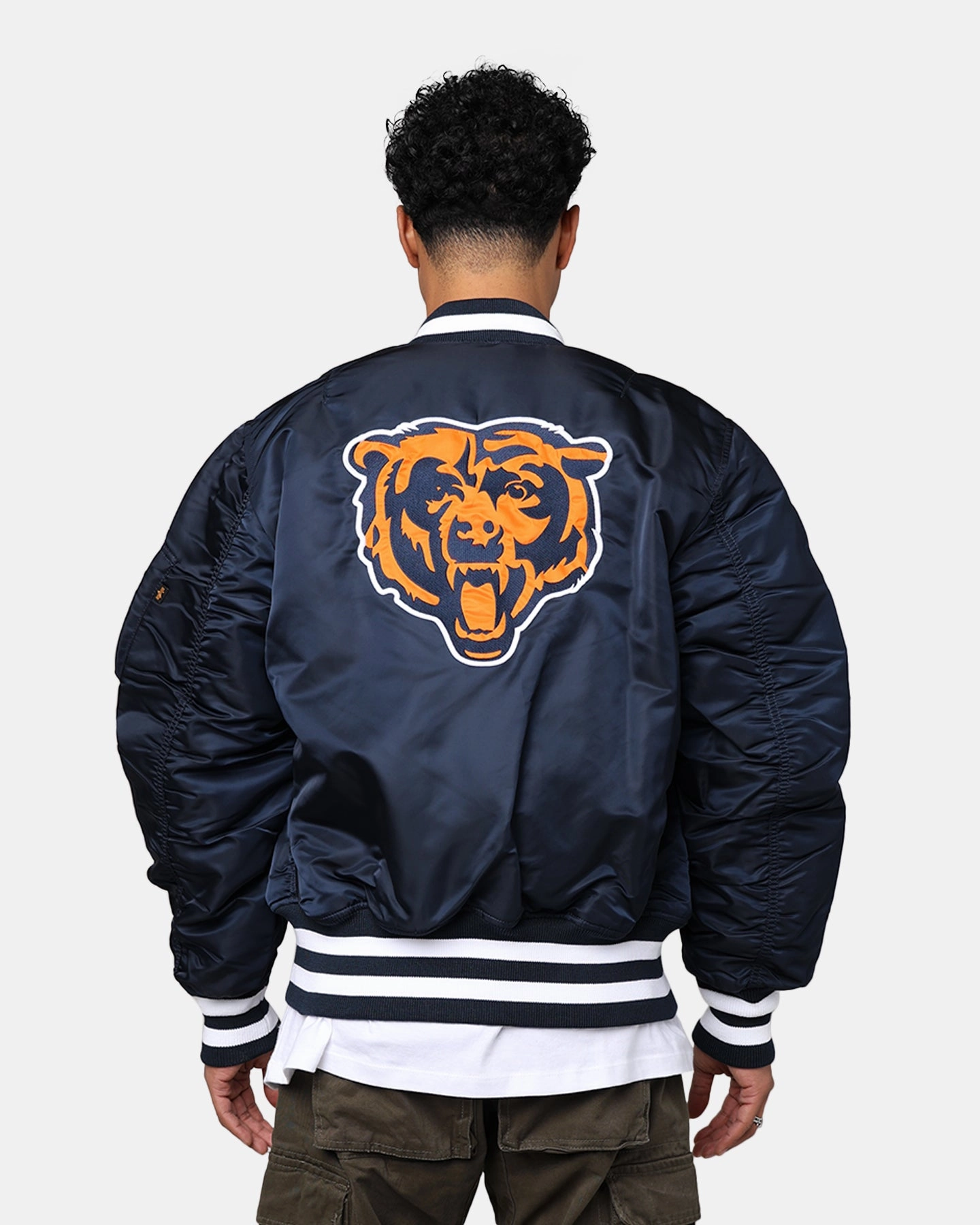 New Era X Alpha Series X NFL Chicago Bears MA-1 Bomber Jacket Navy/Orange Debate construction workers