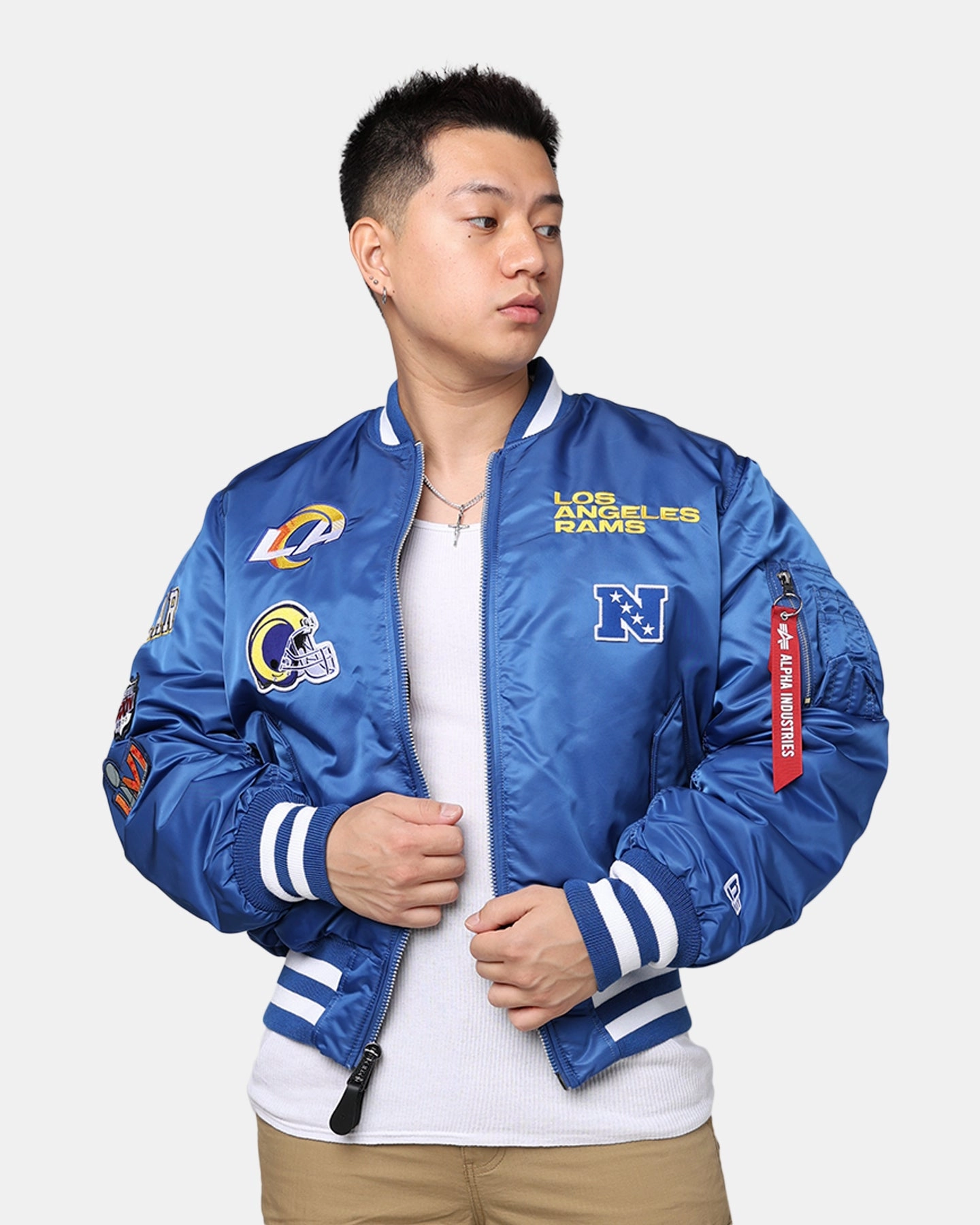 Example investment piece New Era X Alpha Series X NFL Los Angeles Rams MA-1 Bomber Jacket Royal/Black