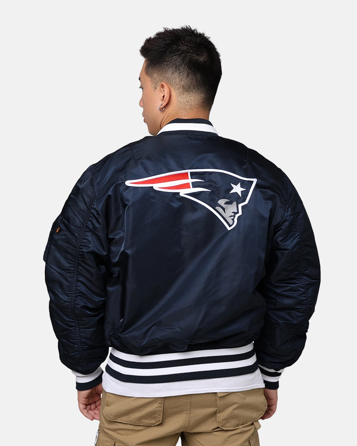 sunset suitable for mountain hikes New Era X Alpha Series X NFL New England Patriots MA-1 Bomber Jacket Navy/Red