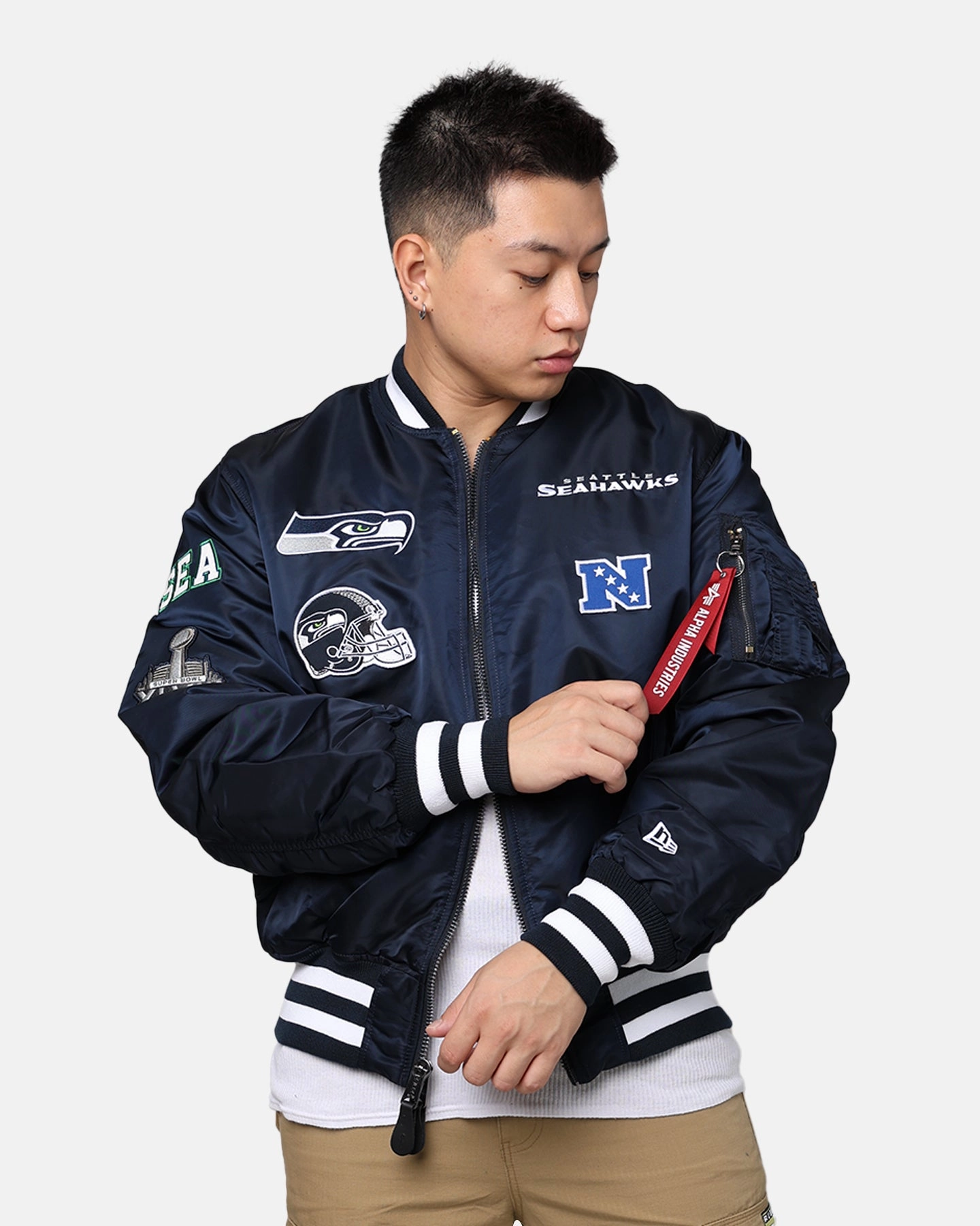 Light Insulation Gray New Era X Alpha Series X NFL Seattle Seahawks MA-1 Bomber Jacket Navy/Black