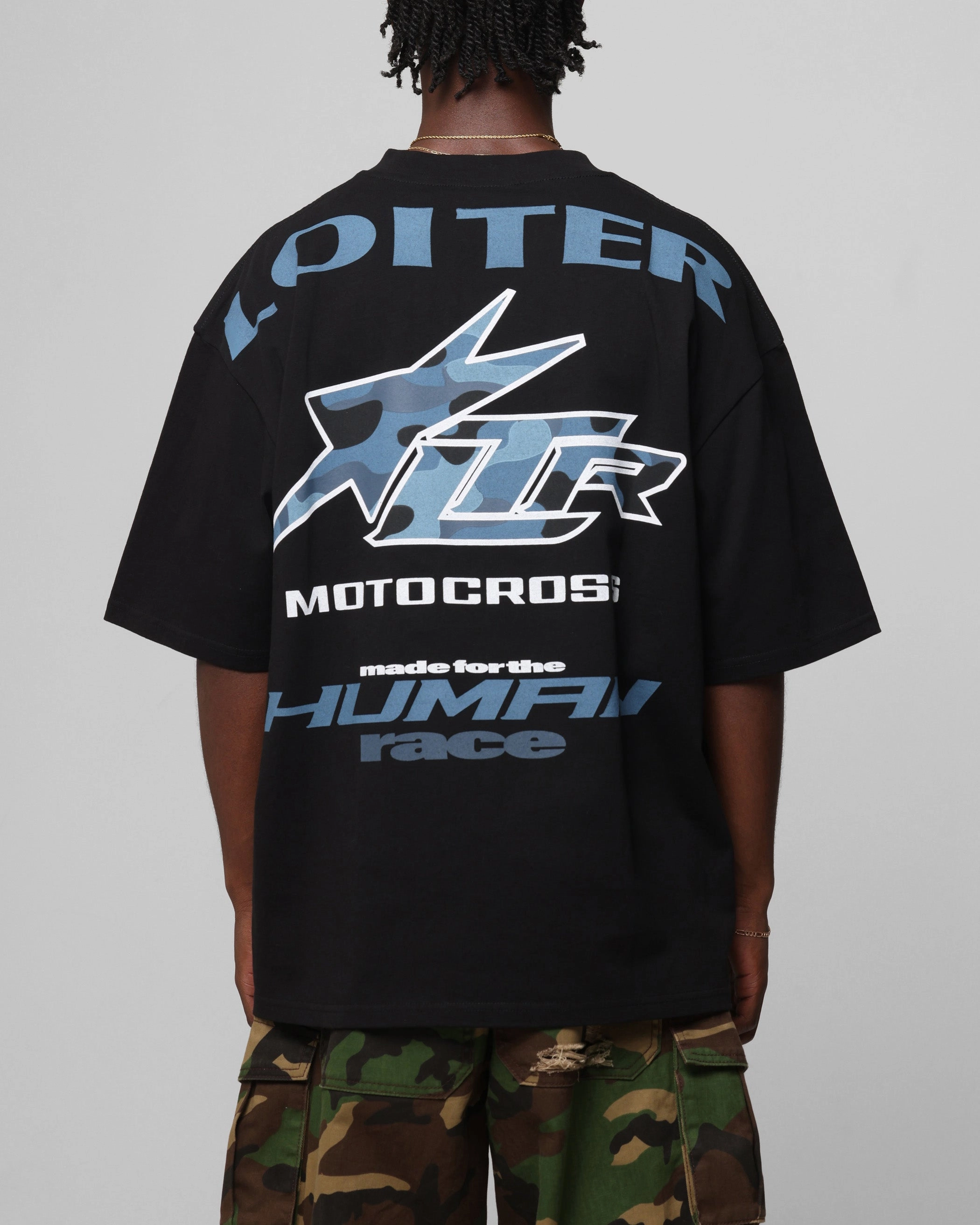 Textured Surface Loiter Motocross Vintage T-Shirt Black/Navy Blue