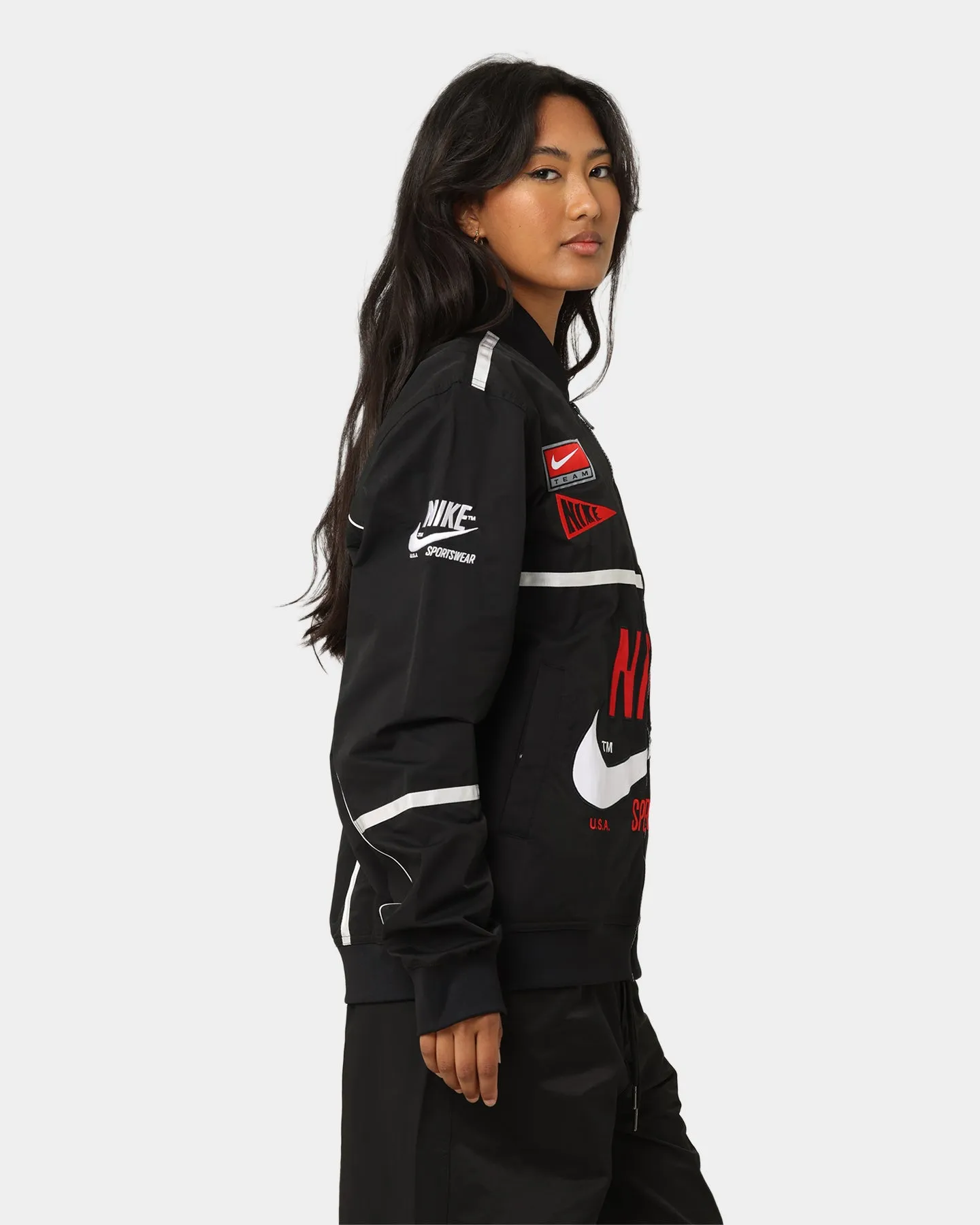 Mousse Zippered Closure Nike Sportswear Mercato Woven Bomber Jacket Black/White/University Red