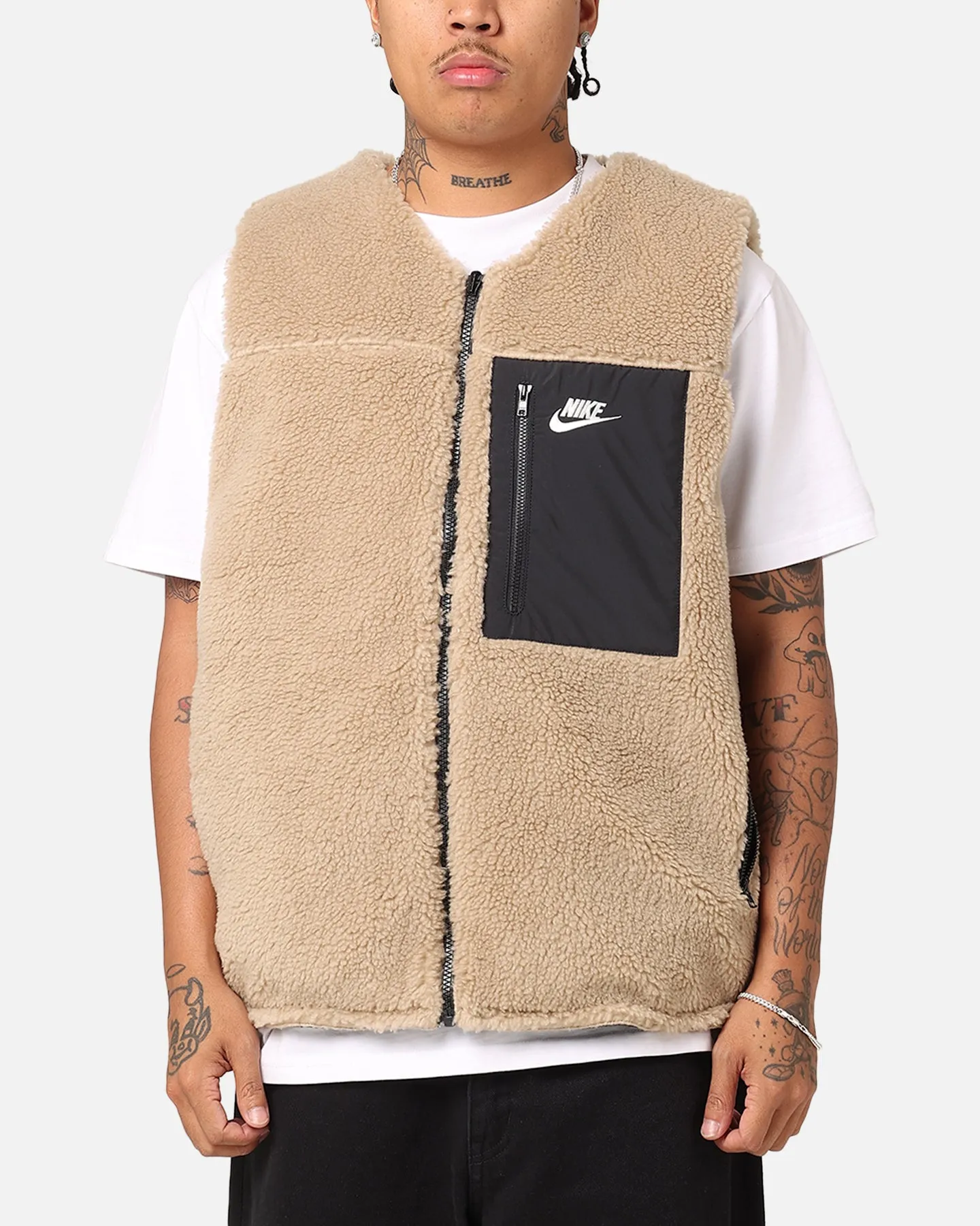 Hooded Nike Sportswear Sherpa Reversible Vest Khaki/Black