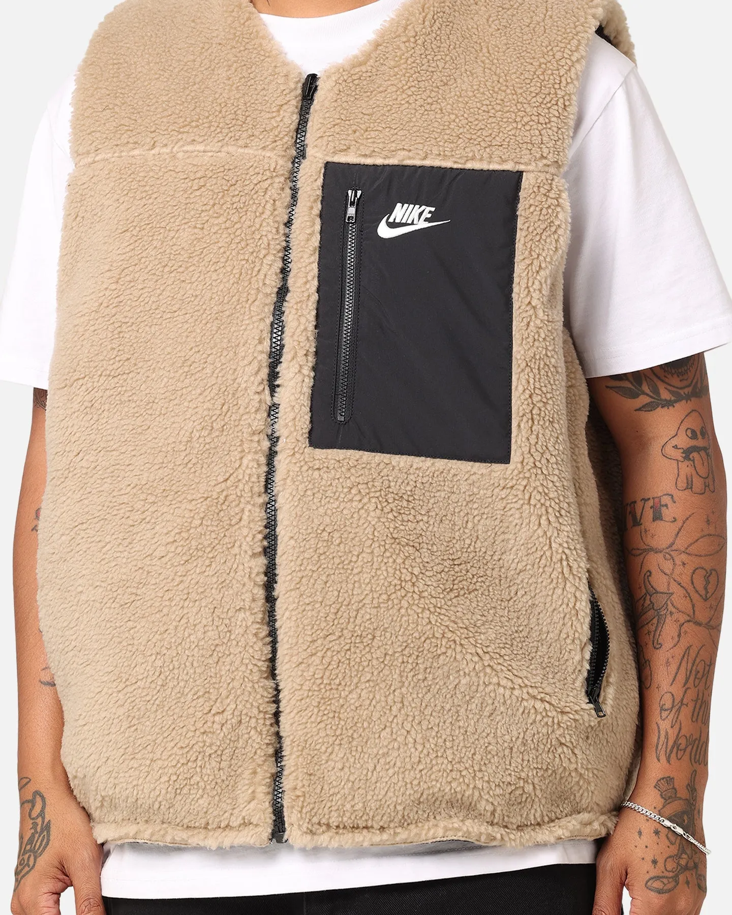 Nike Sportswear Sherpa Reversible Vest Khaki/Black Bracelet Adjustable Waist Tabs