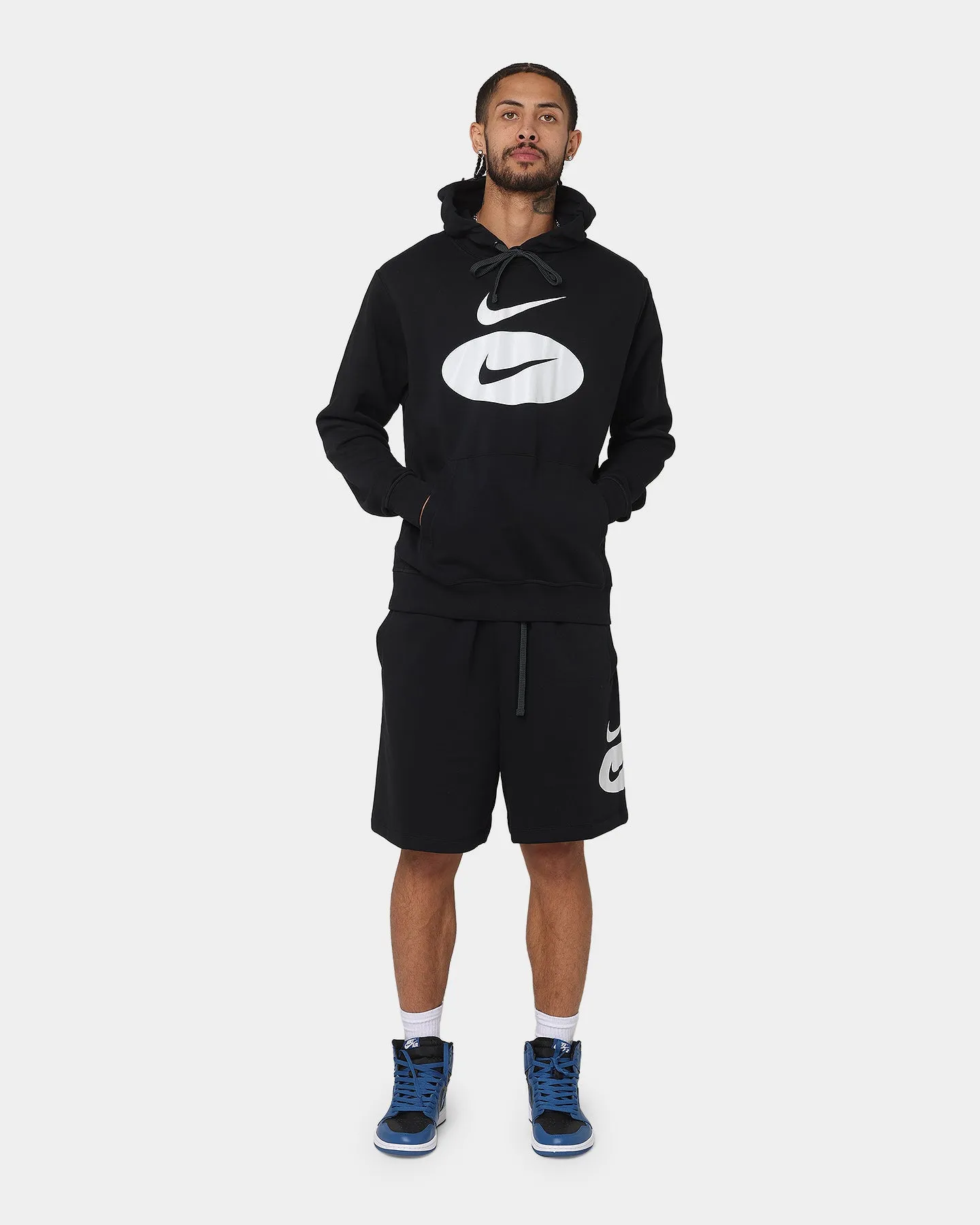 Nike Swoosh League Fleece Pull Over Hoodie Black Denim Relaxed Cut
