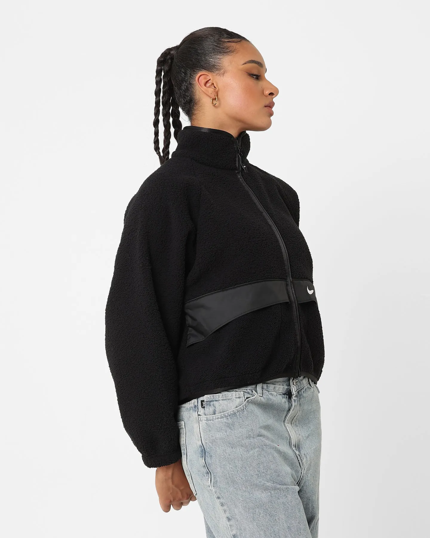 Nike Women's Sportswear Sherpa Jacket Black/Black/White Button Snap Conversion