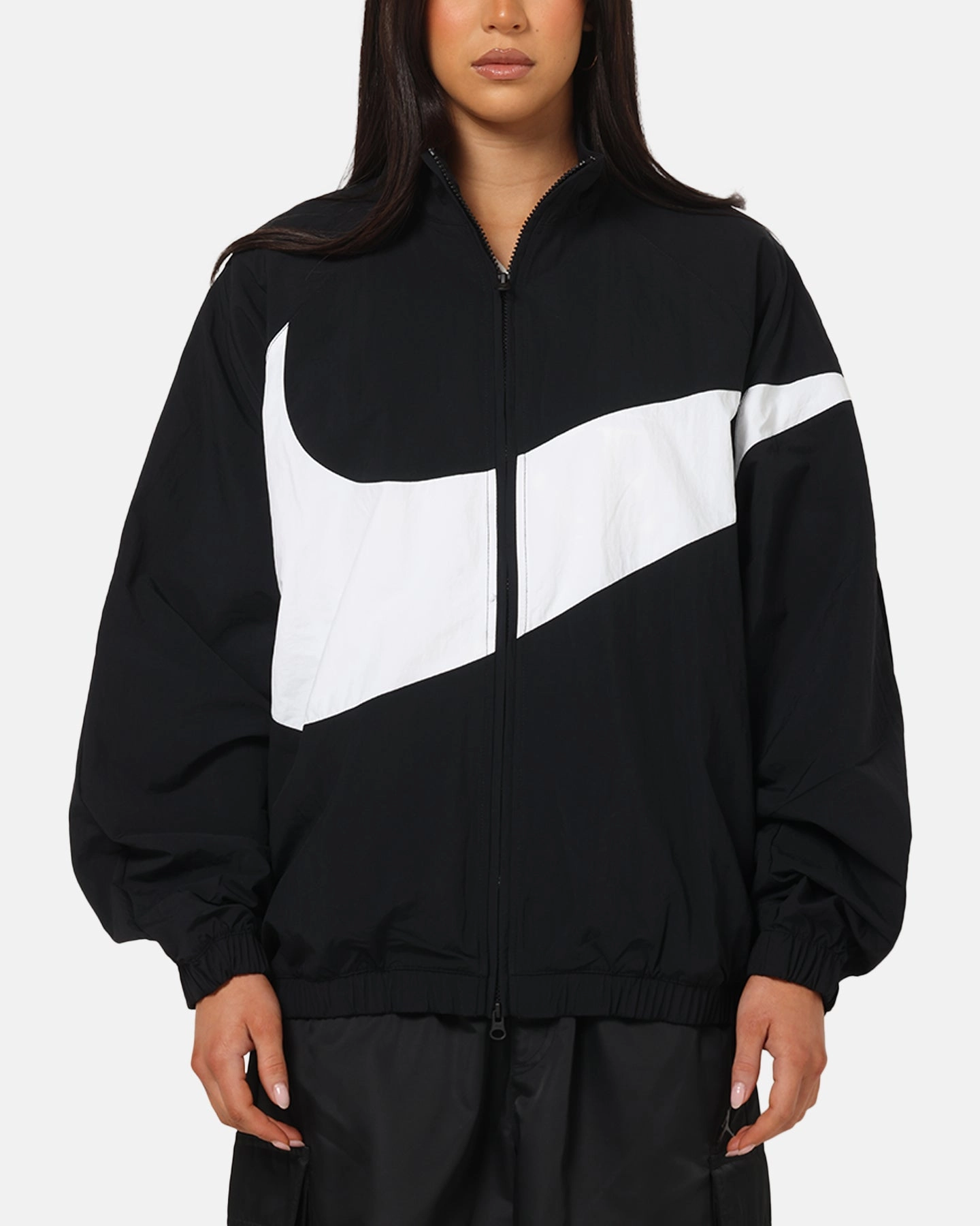 Nike Women's Sportswear Logo Oversized Track Jacket Black/Black/White Heat Reflective Tech Windshield Coat