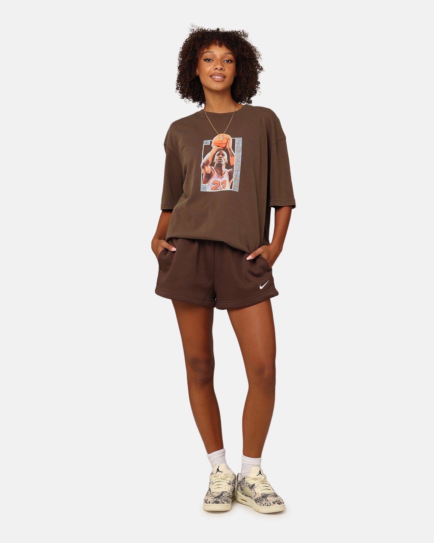 Nike Women's Sportswear Phoenix Fleece High Rise Shorts Baroque Brown/Sail animal print shorts Glide On Mobility Cut