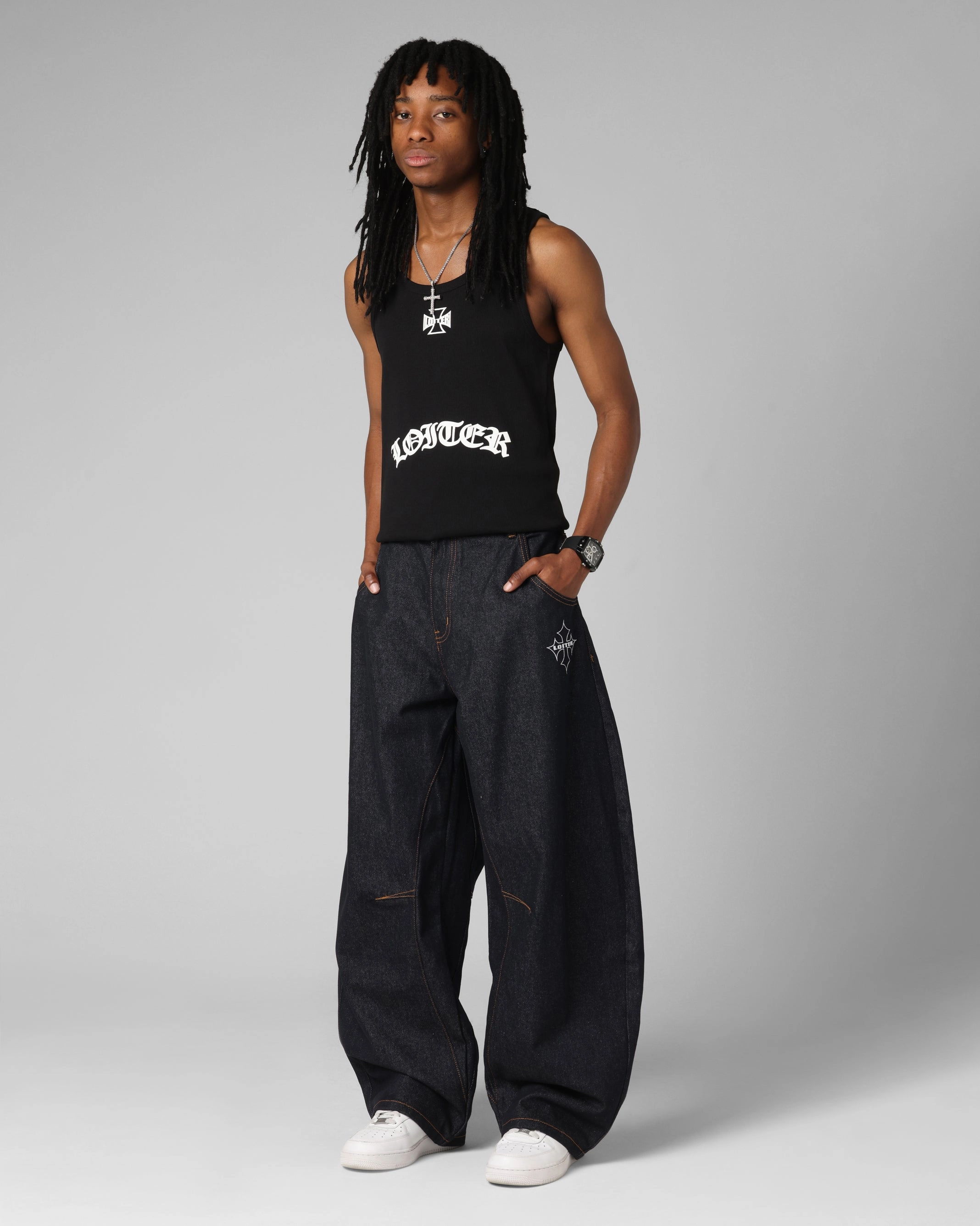 Soft Feel DoubleLayeredHem Loiter F-16 Balloon Jeans Indigo