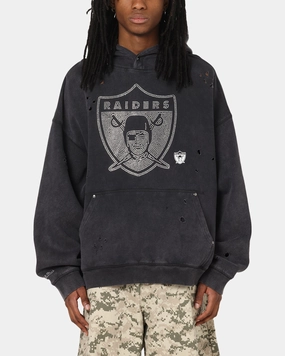 Mitchell & Ness Las Vegas Raiders Distressed Rhinestone Logo Hoodie Faded Black Faux Fur Trim Reinforced Elbows