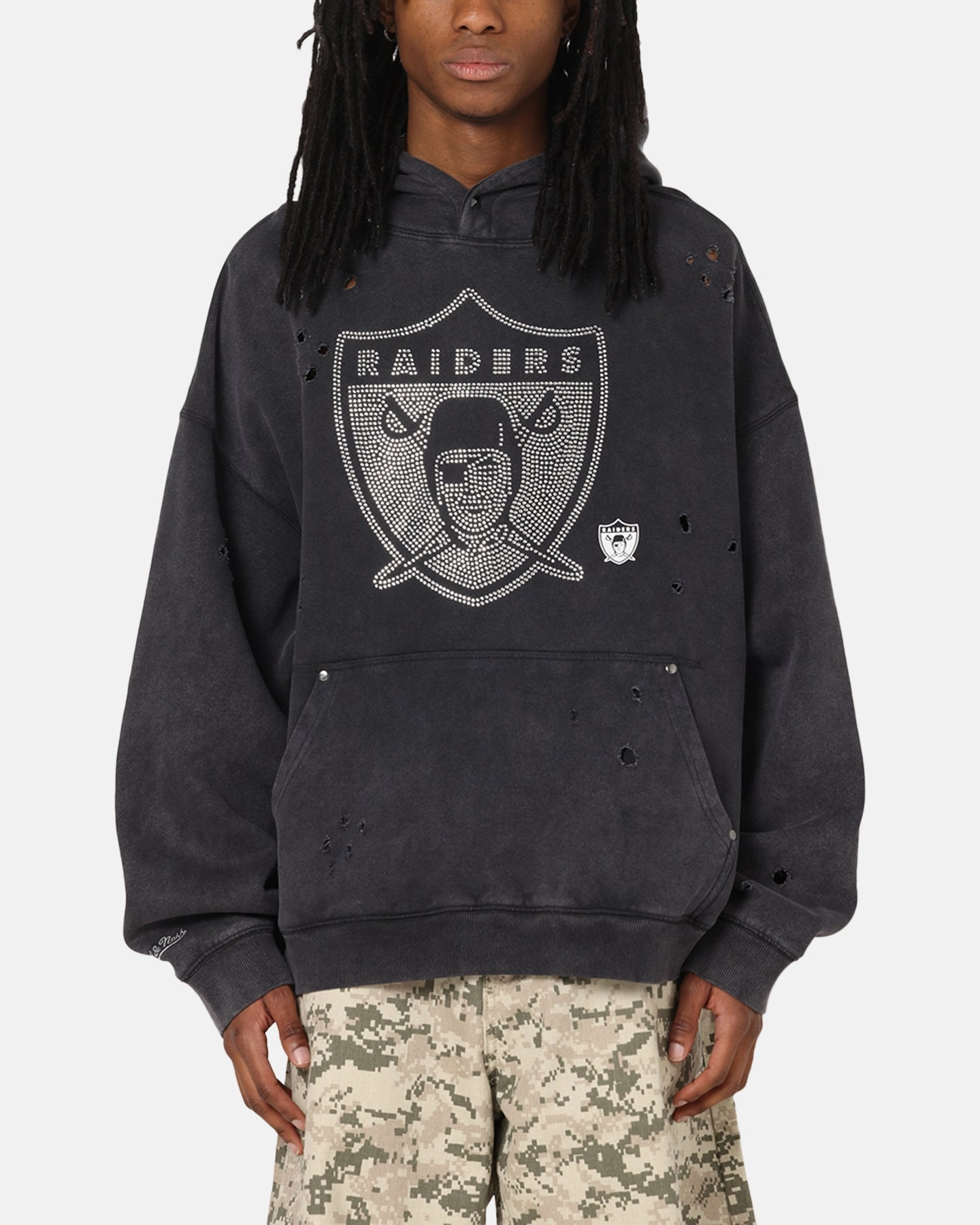 Mitchell & Ness Las Vegas Raiders Distressed Rhinestone Logo Hoodie Faded Black Faux Fur Trim Reinforced Elbows