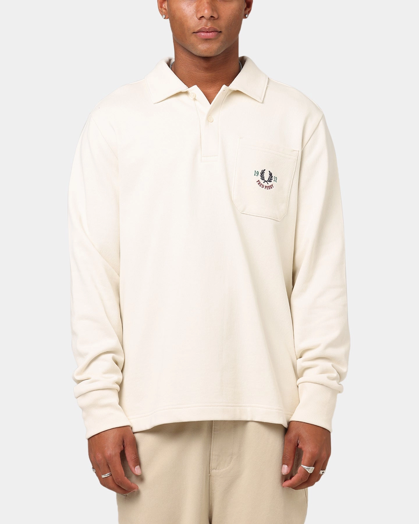 Fred Perry Embroidered Champion Collared Sweatshirt Ecru Lightweight Knit Material DoubleStitched Seams
