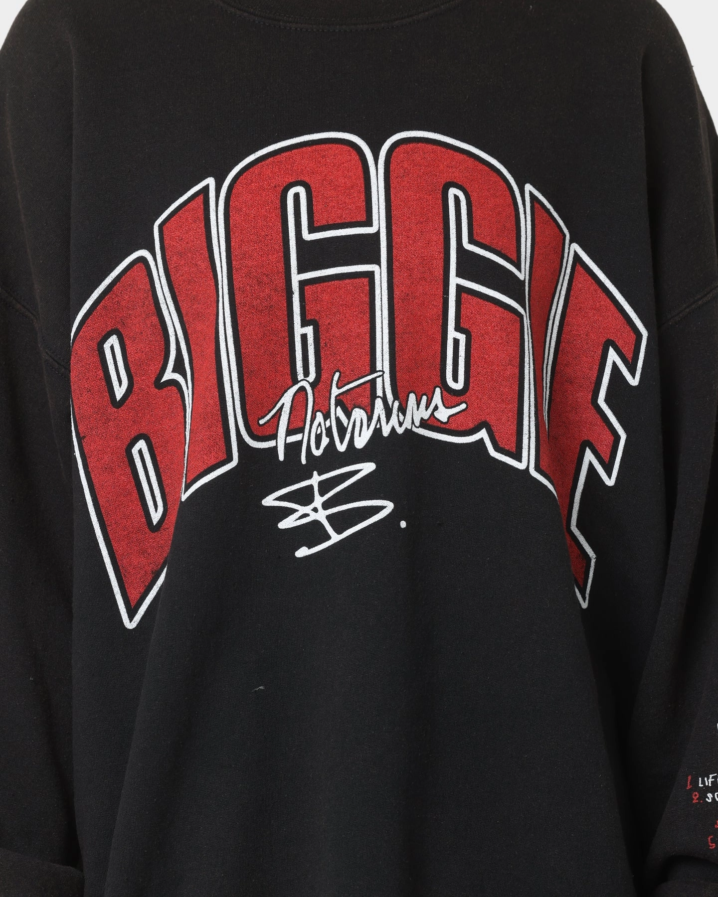 Subtle Logo Placement Raw Hem Finish Notorious B.I.G Biggie Tracklist Crewneck Black