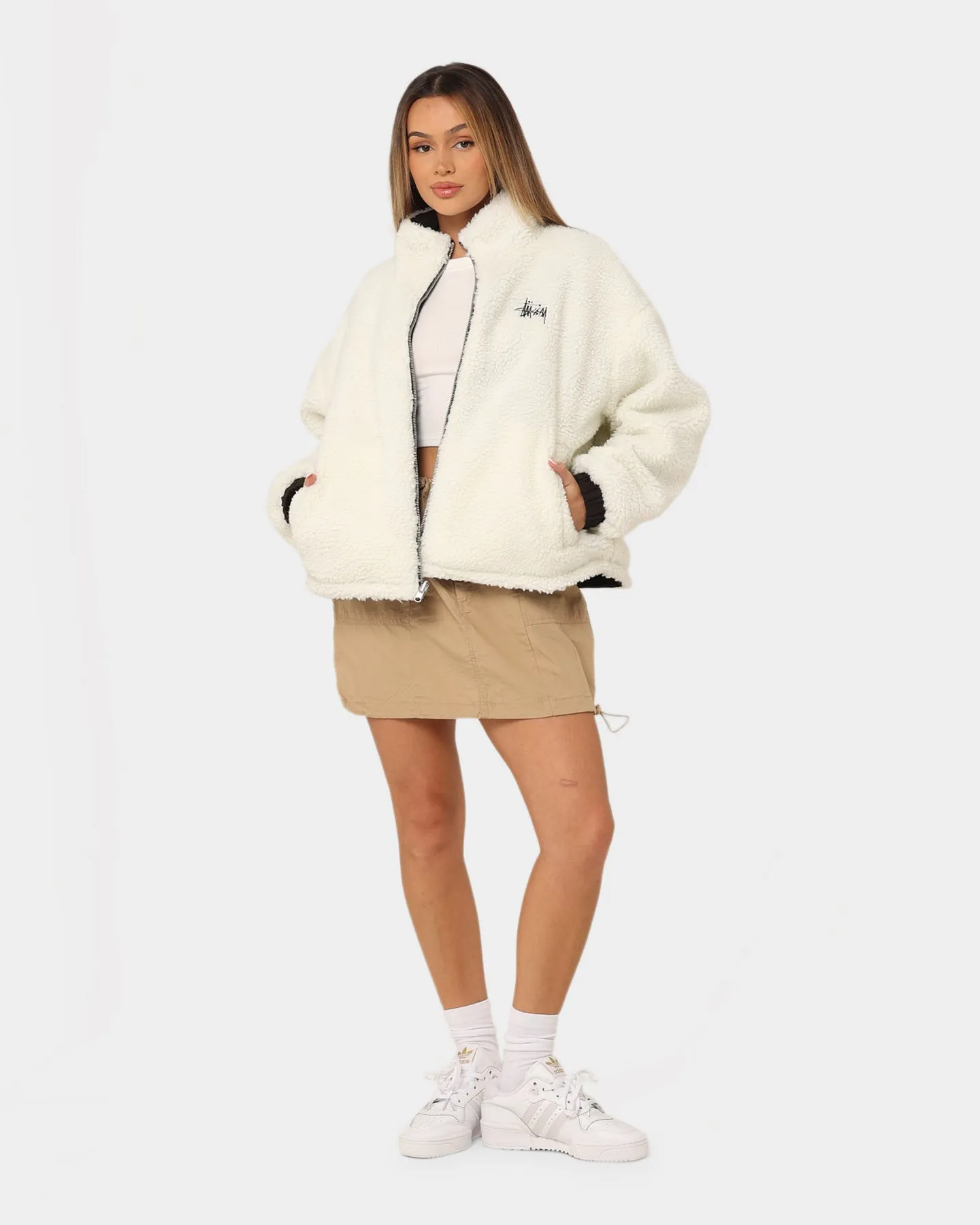 Practical Choice Silicone Grip Cuffs Stussy Women's Reversible Work Sherpa Jacket Black/White