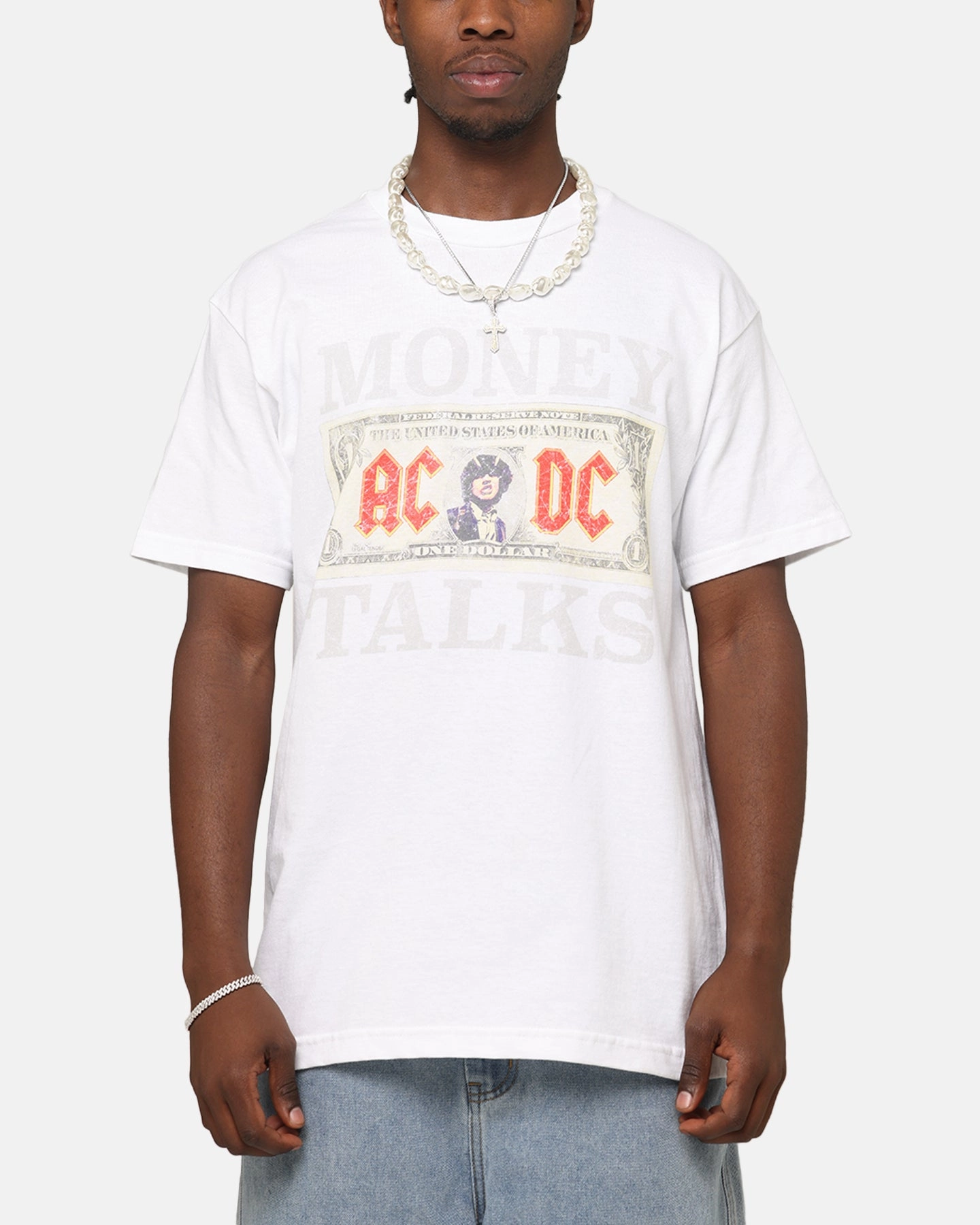 AC/DC Money Talks T-Shirt Vintage White Flexible Neckline