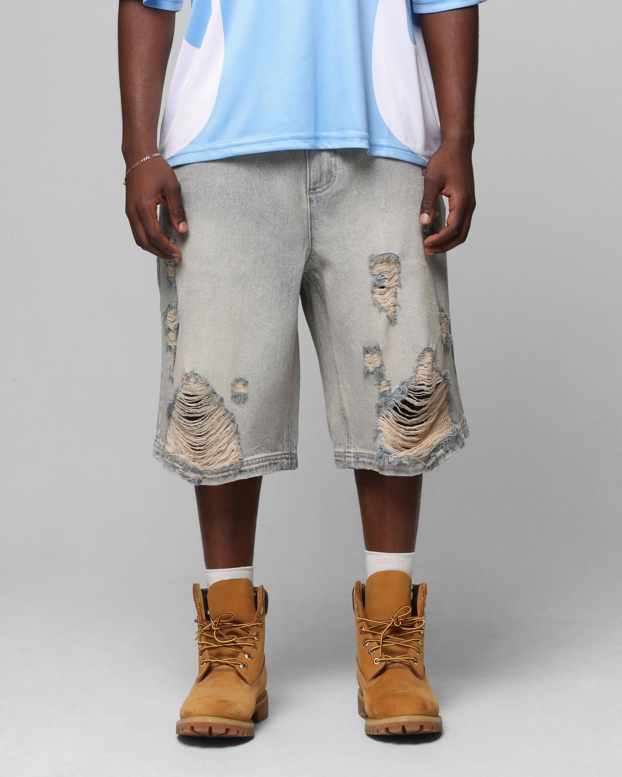 Loiter Collateral Distressed Jorts Vintage Blue Moisture Wicking Fabric Anti Cling Finish