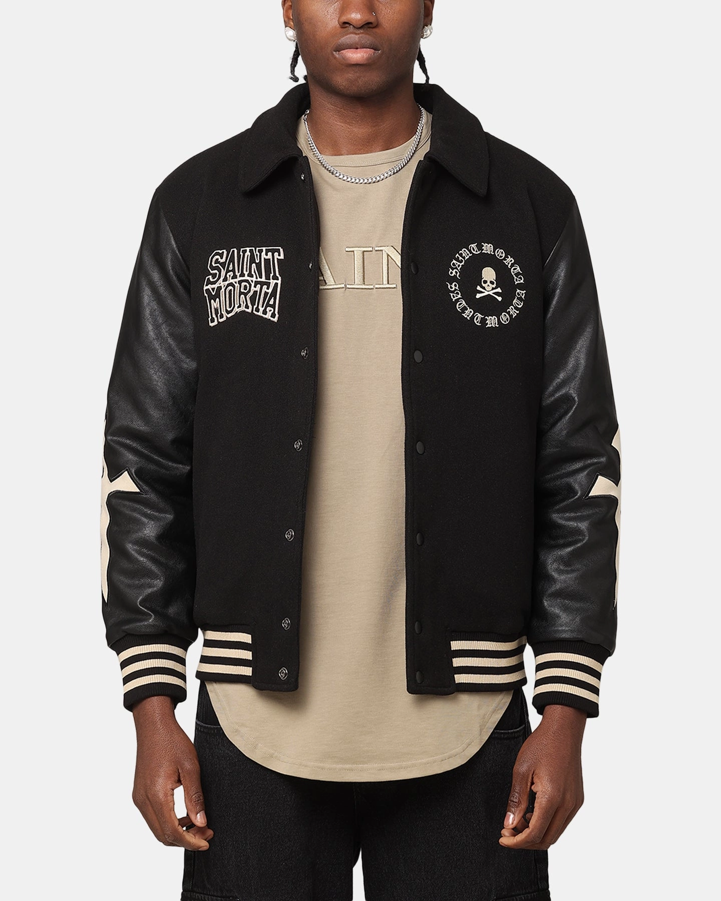 insulated Hooded Storage Compartment Saint Morta Ceremonies Varsity Jacket Black/Tan