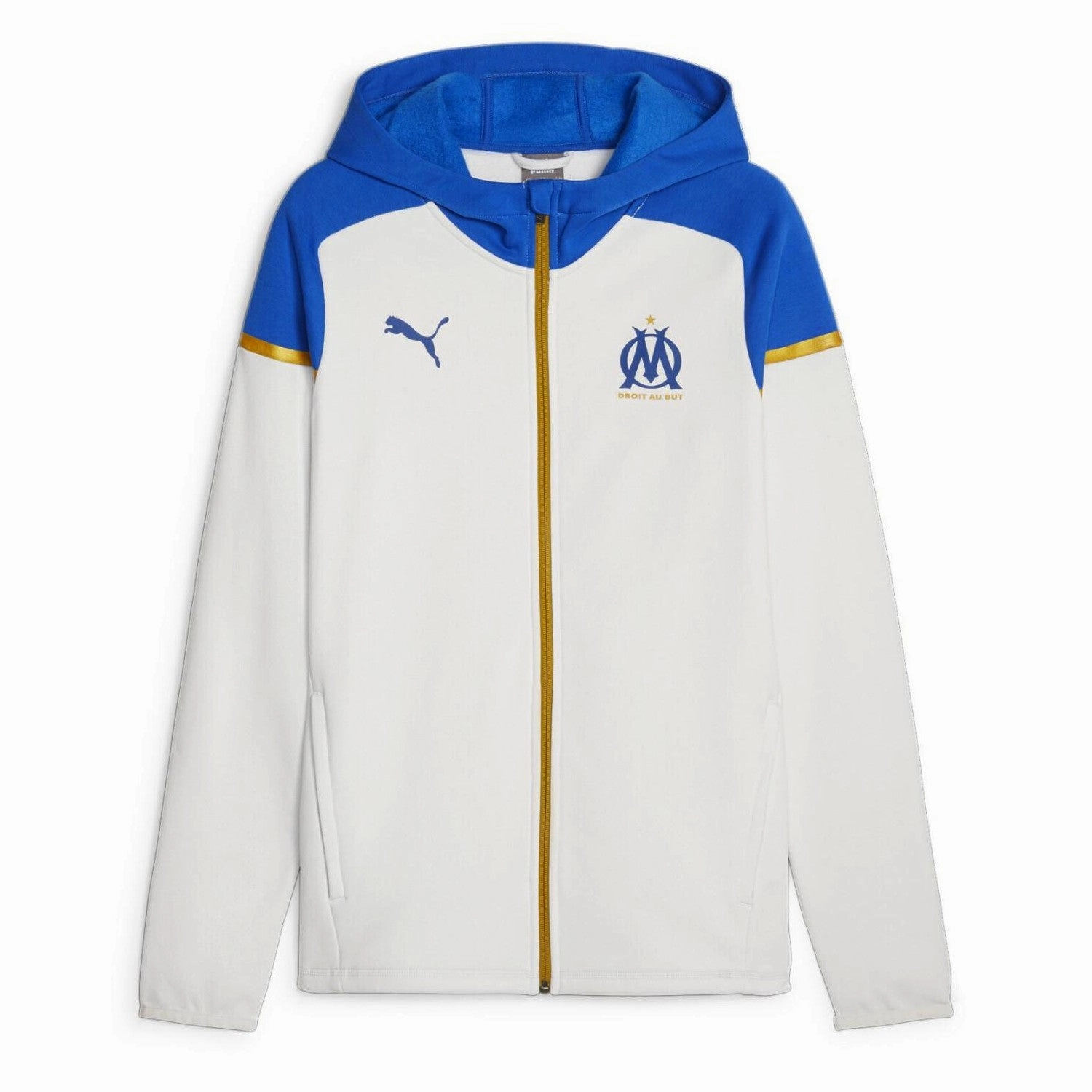 Olympique Marseille white/blue Casual hooded presentation jacket 2023/24 - Puma Aesthetic Smooth silhouette