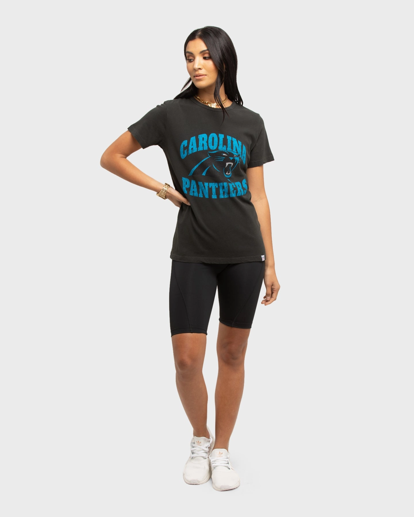 Majestic Athletic Women's Carolina Panthers Vintage NFL Team T-Shirt Black Beaded details
