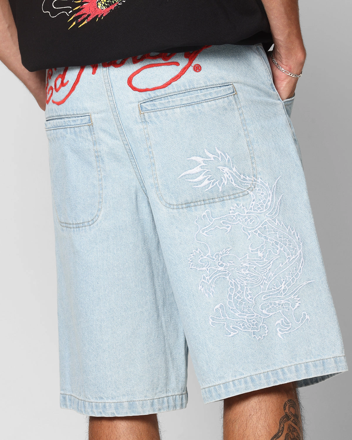 Breathable Material Ed Hardy Dragon Jorts Light Blue