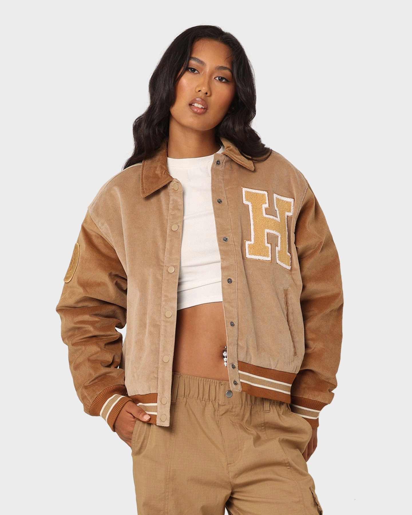 The New Establishment Women's Two Tone Letterman Jacket Silver Lining/Brown AdjustableCuffs motorcycle