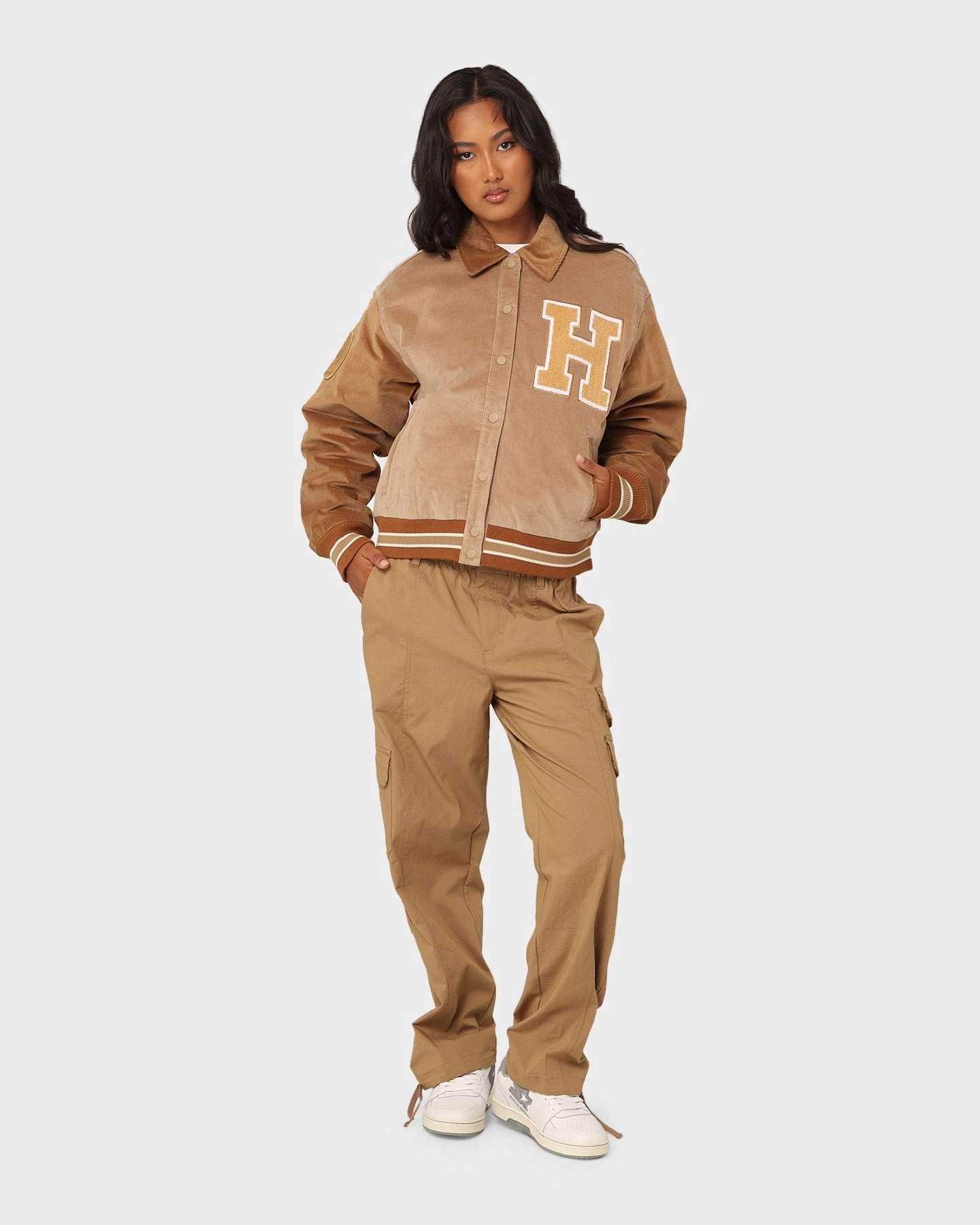 Laser Cut Perforations The New Establishment Women's Two Tone Letterman Jacket Silver Lining/Brown