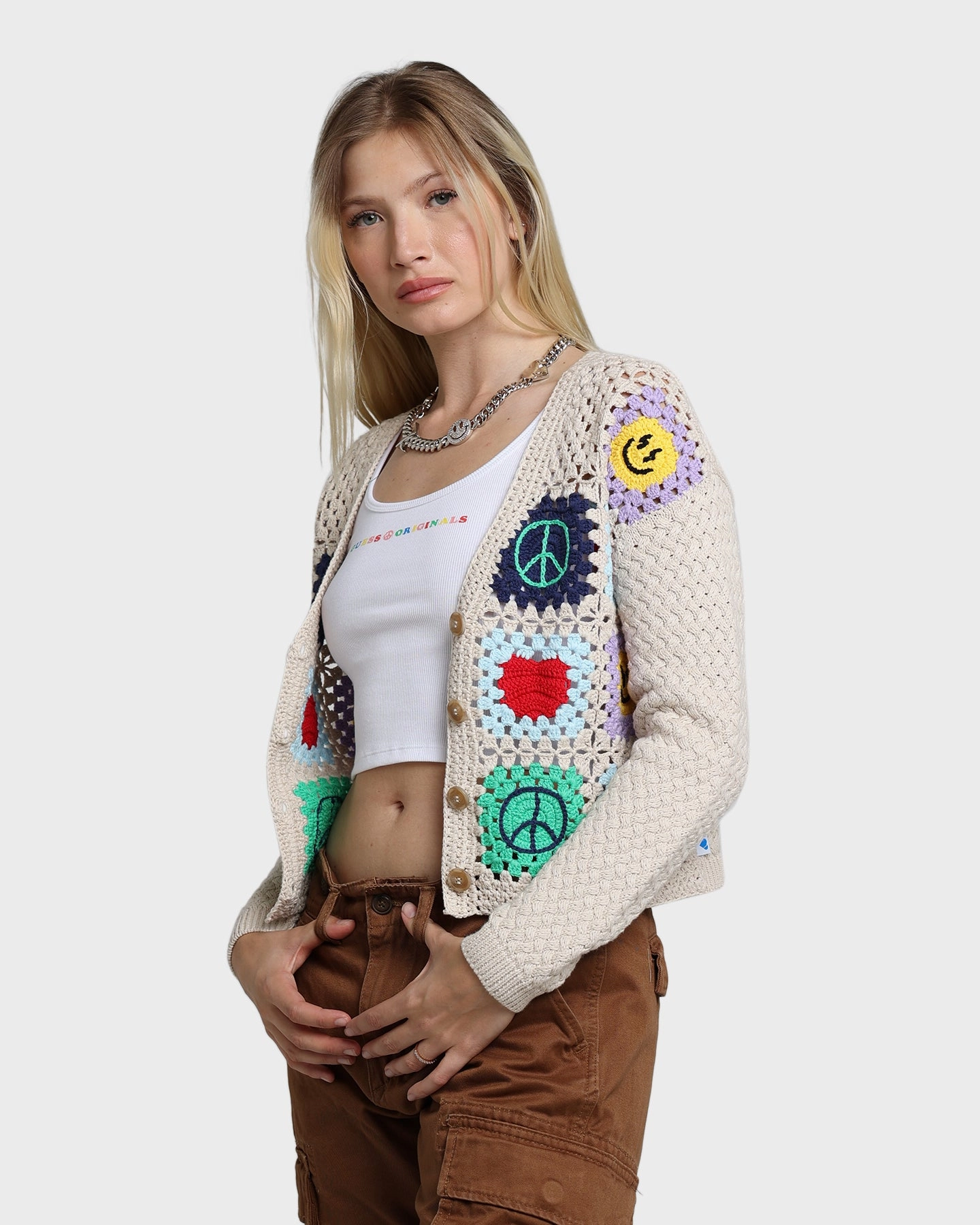 Rugged Comfort Adjustable Fit GUESS Originals Women's GUESS Originals X J Balvin Crochet Cardigan Herb Tan Multi