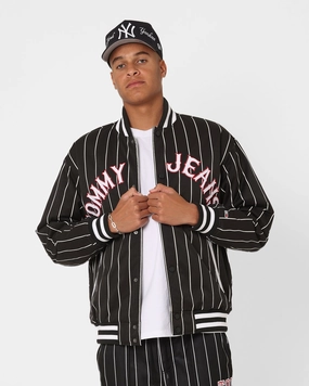 Tommy Jeans Relaxed Pinstripe Bomber Jacket Black Water Resistant Material Multi Directional Stretch