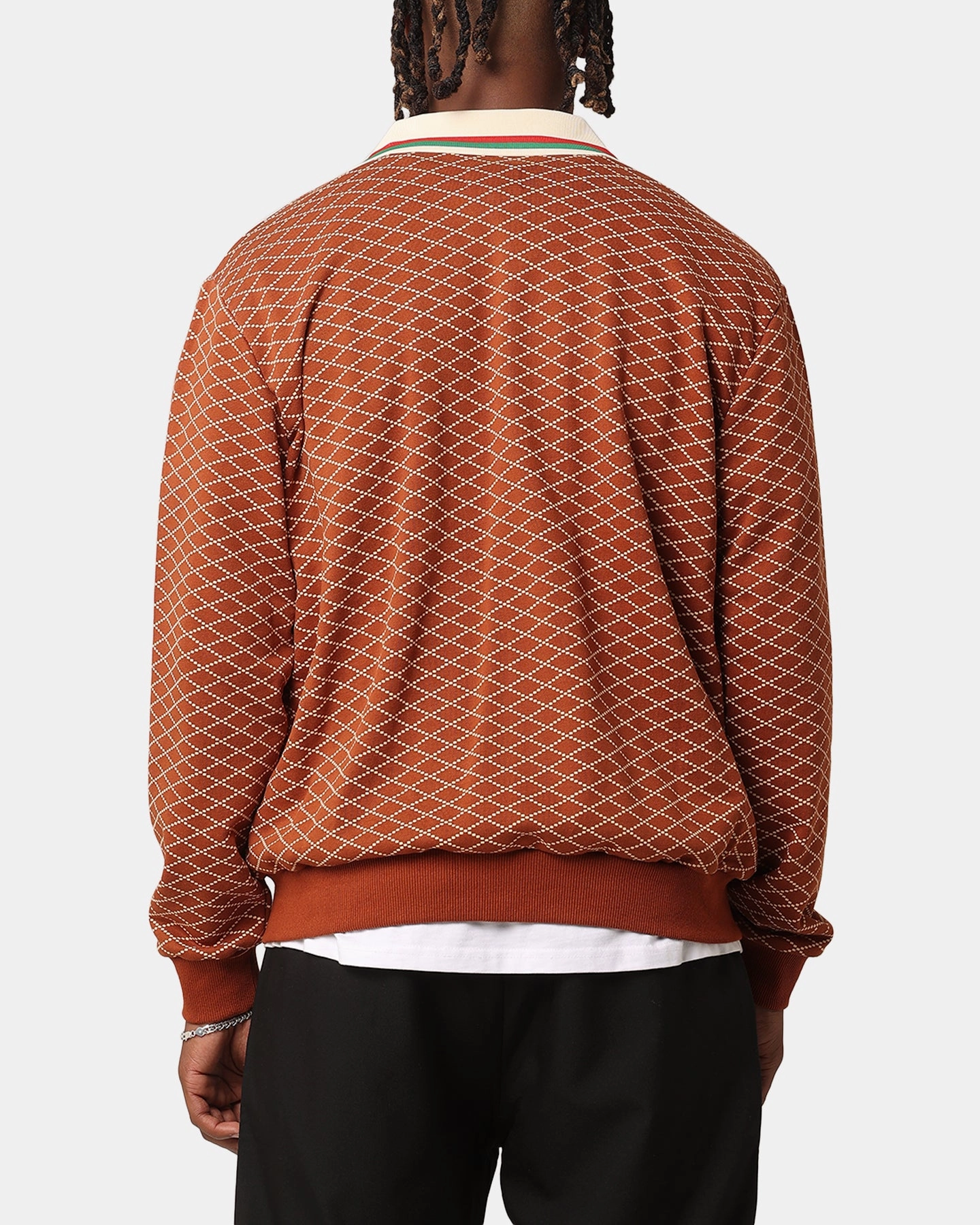 XXIII Printed Bomber Jacket Brown Expandable Sleeve Cuffs Warning