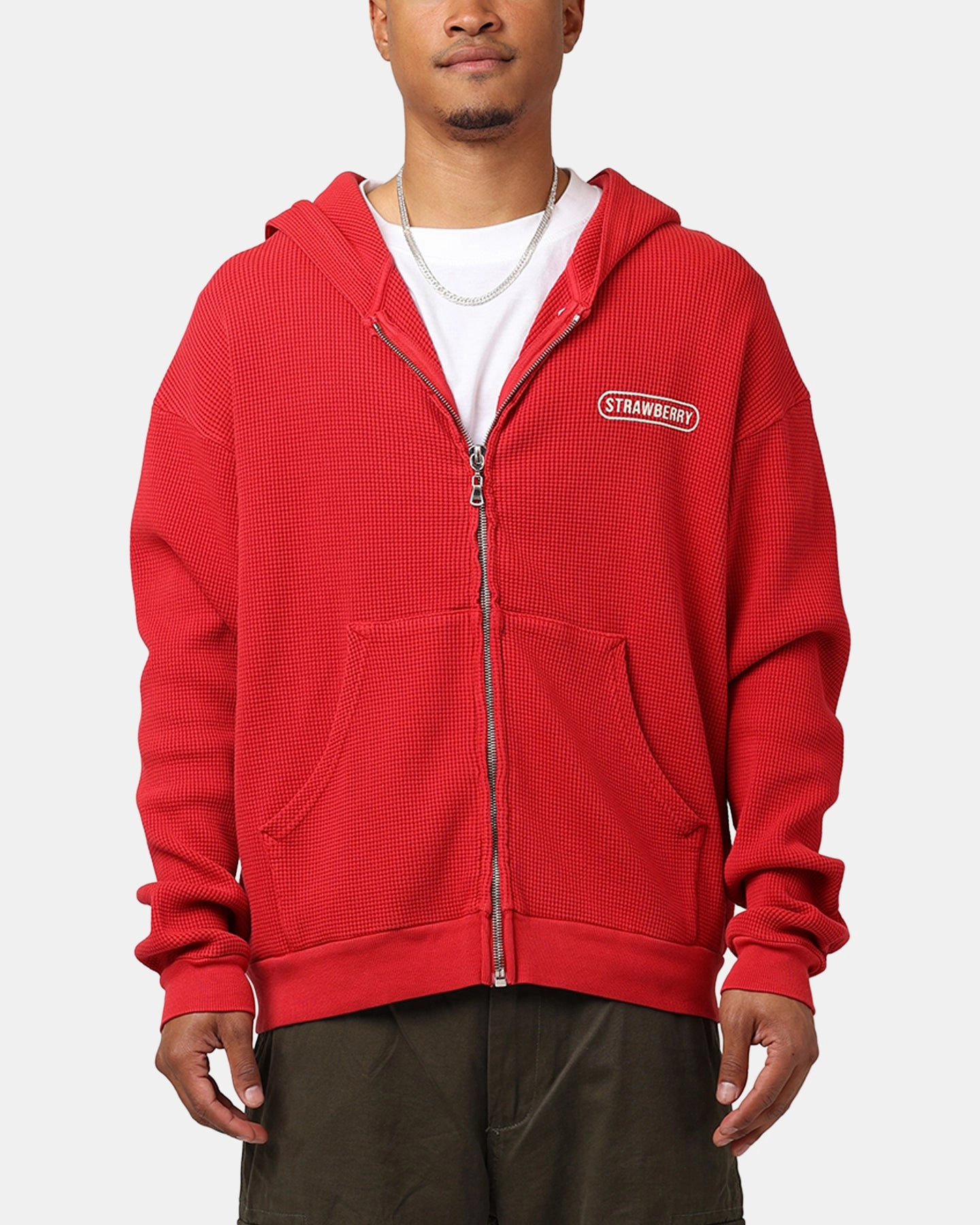 Strawberry Thermal Zip-Up Hoodie Red Altruism Foldable Collar Design
