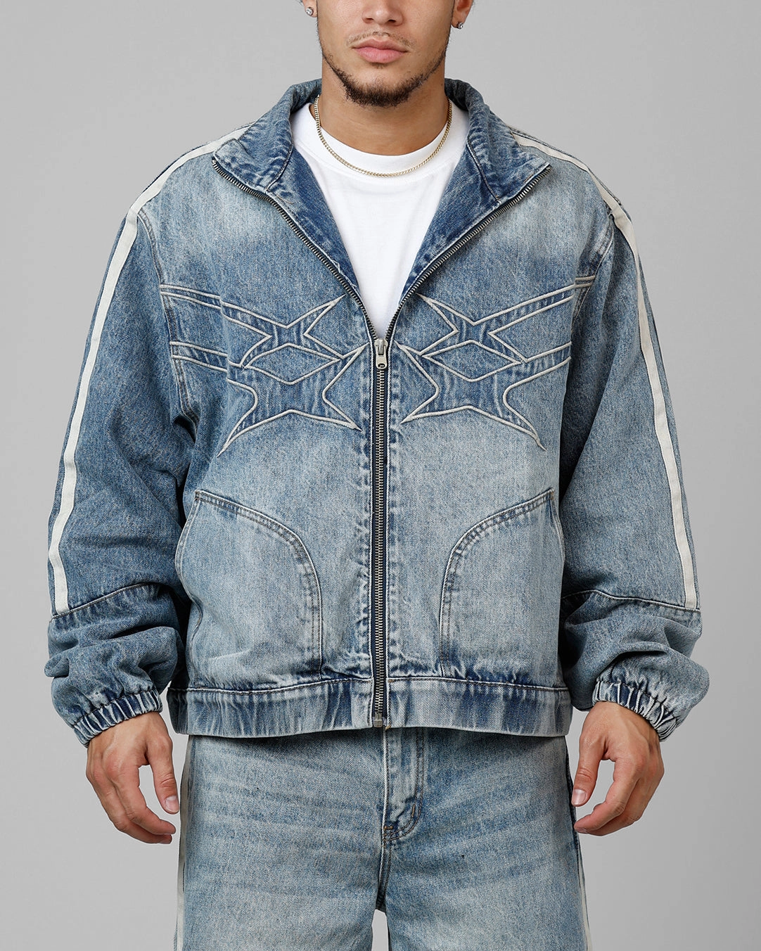 Loiter Track Star Denim Jacket Blue Wash Short Abrasion resistant
