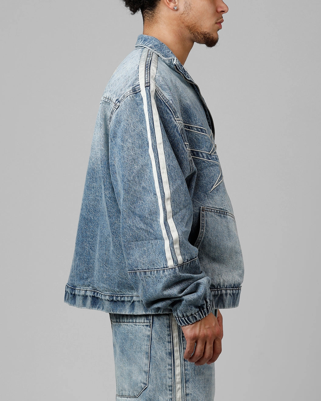 Loiter Track Star Denim Jacket Blue Wash Bargain Taped Edges