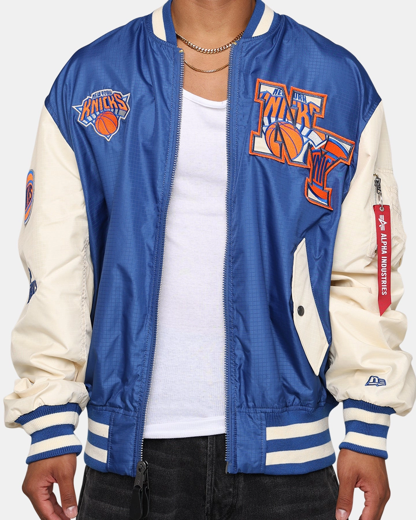 New Era X Alpha Industries New York Knicks L-2B Bomber Jacket Blue Softshell Fabric Belted