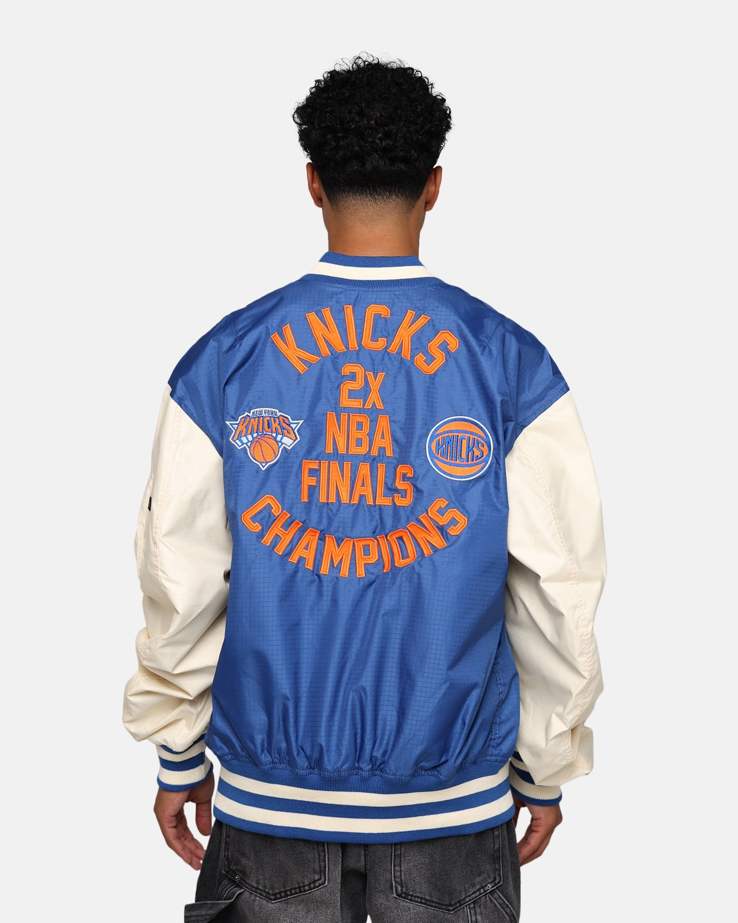 New Era X Alpha Industries New York Knicks L-2B Bomber Jacket Blue Heat Reflective Tech Merchandise