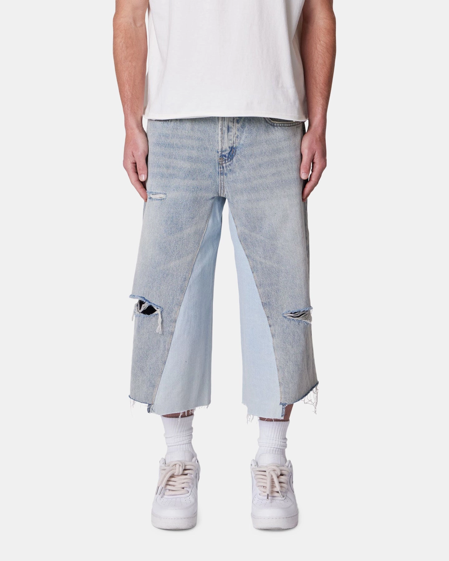 MNML Panelled Denim Shorts Light Blue Wash Warm Day Outfit stain - resistant