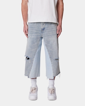 MNML Panelled Denim Shorts Light Blue Wash Warm Day Outfit stain - resistant