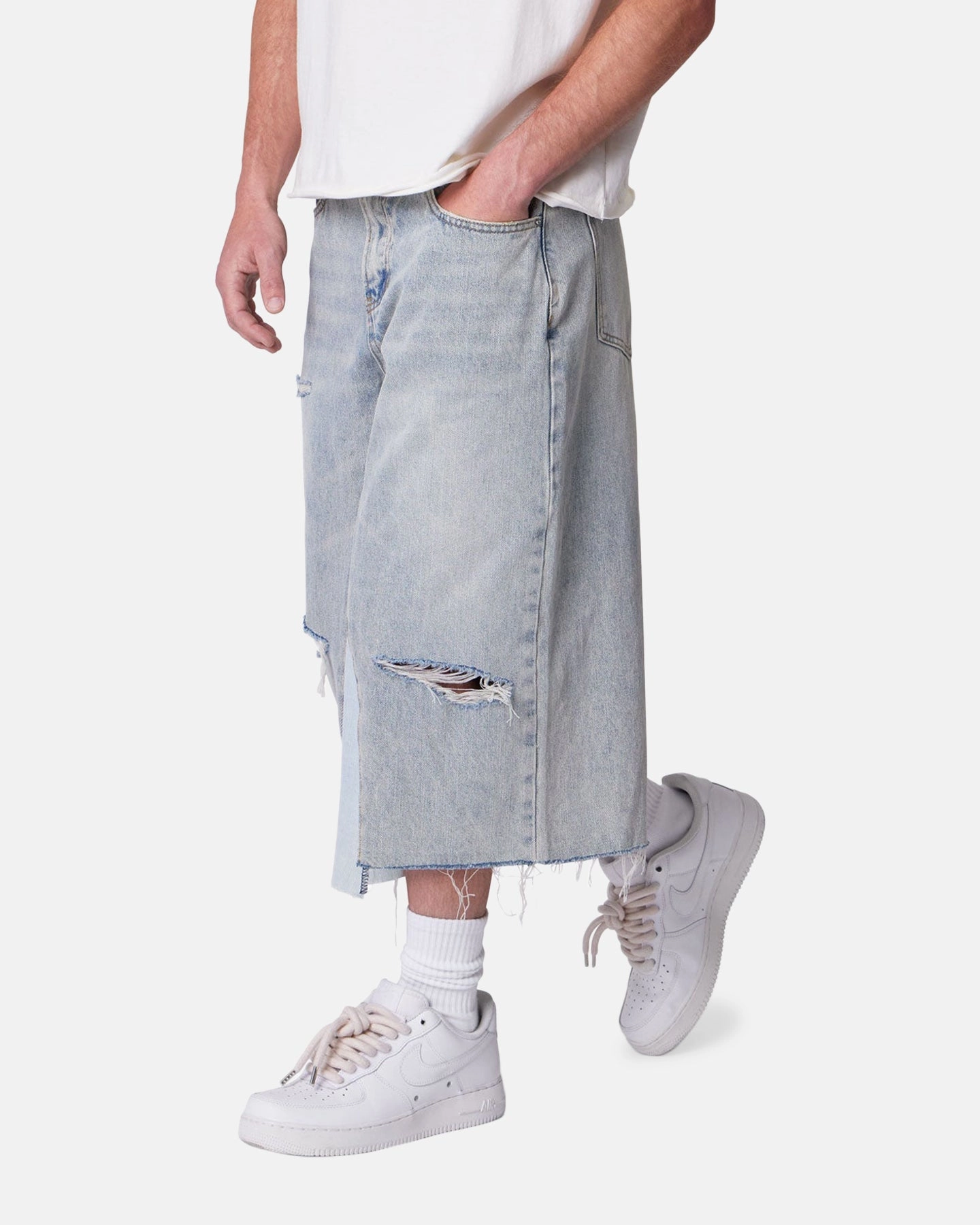 Layered Cuff Design No Slip Waistband MNML Panelled Denim Shorts Light Blue Wash