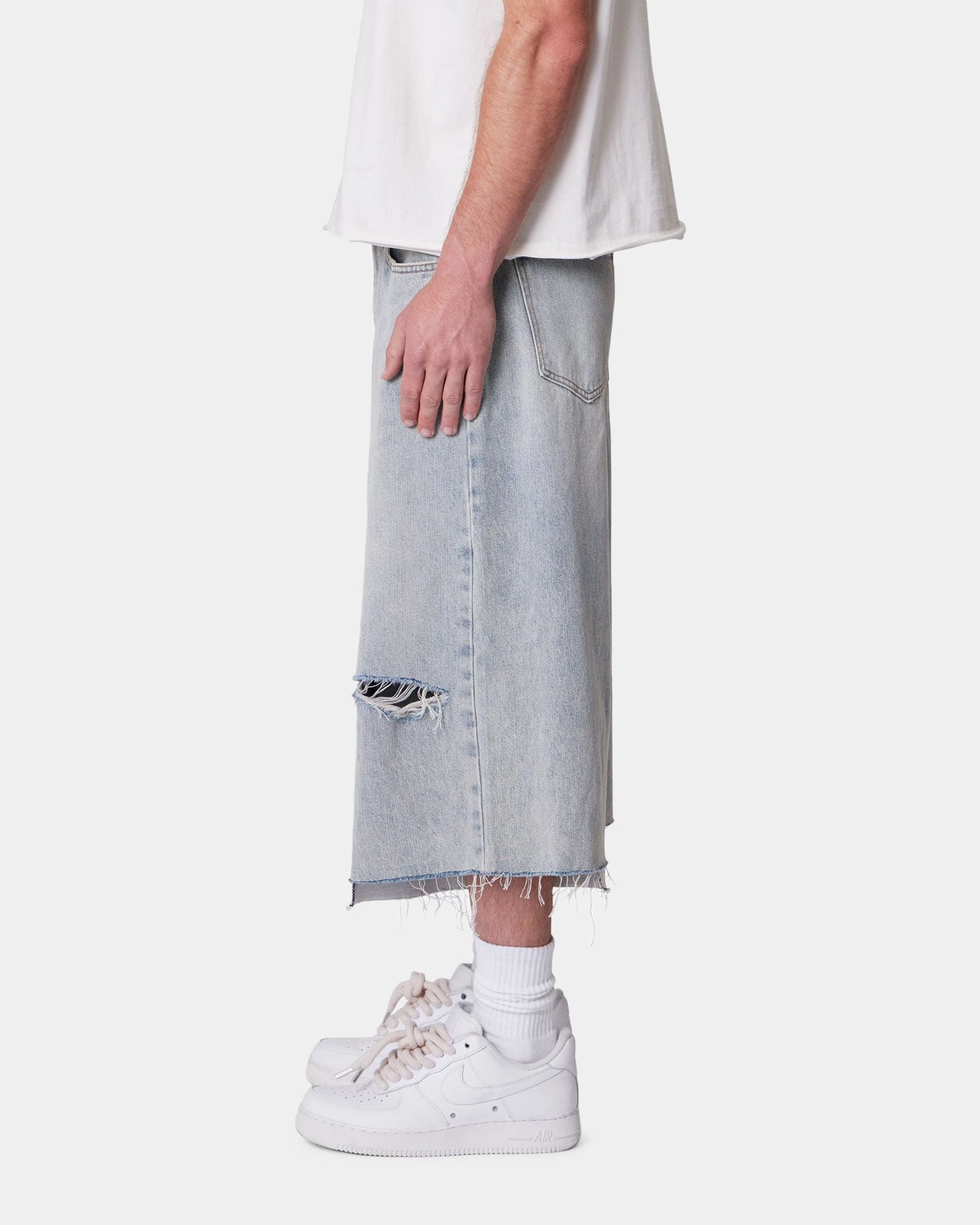 MNML Panelled Denim Shorts Light Blue Wash button-down look Reflective details