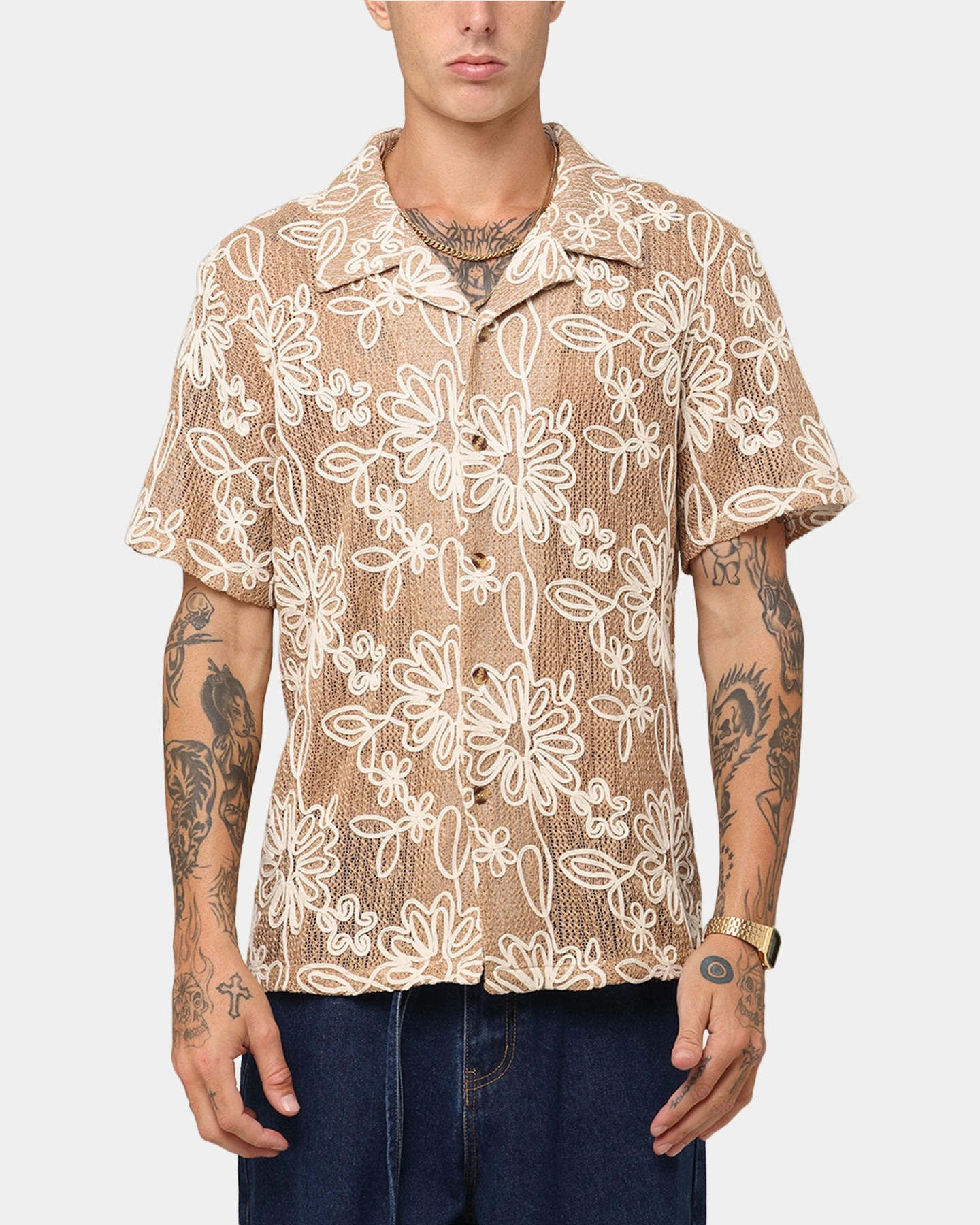 Seamless construction Odor Control Fabric XXIII Resort Knit Button Up Shirt Tan/Cream