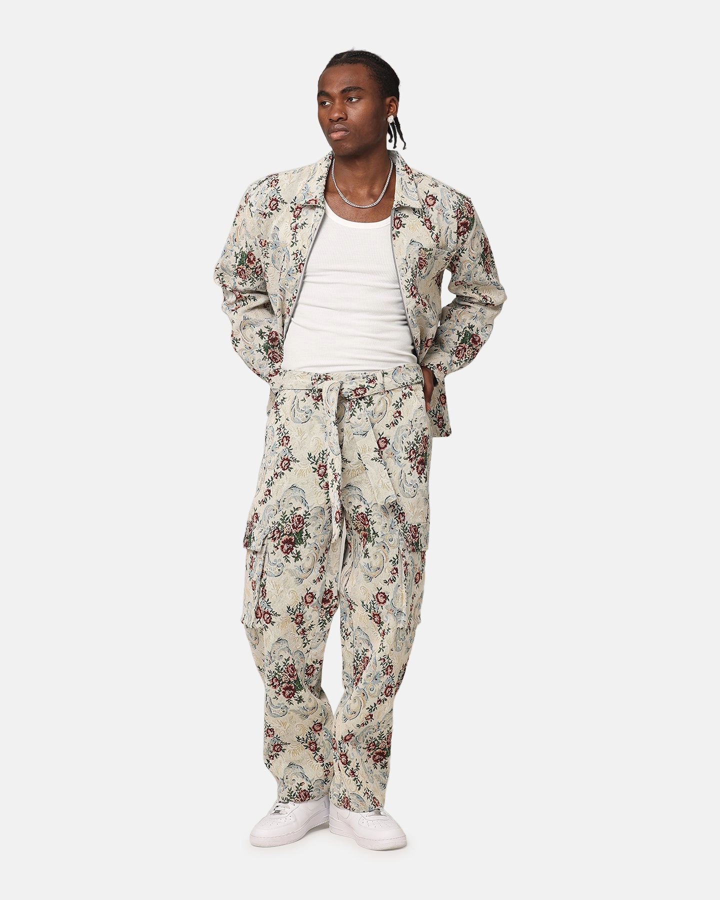 Sporty Comfort Tagless Design XXIII Floral Jacquard Cargo Pant White Antique