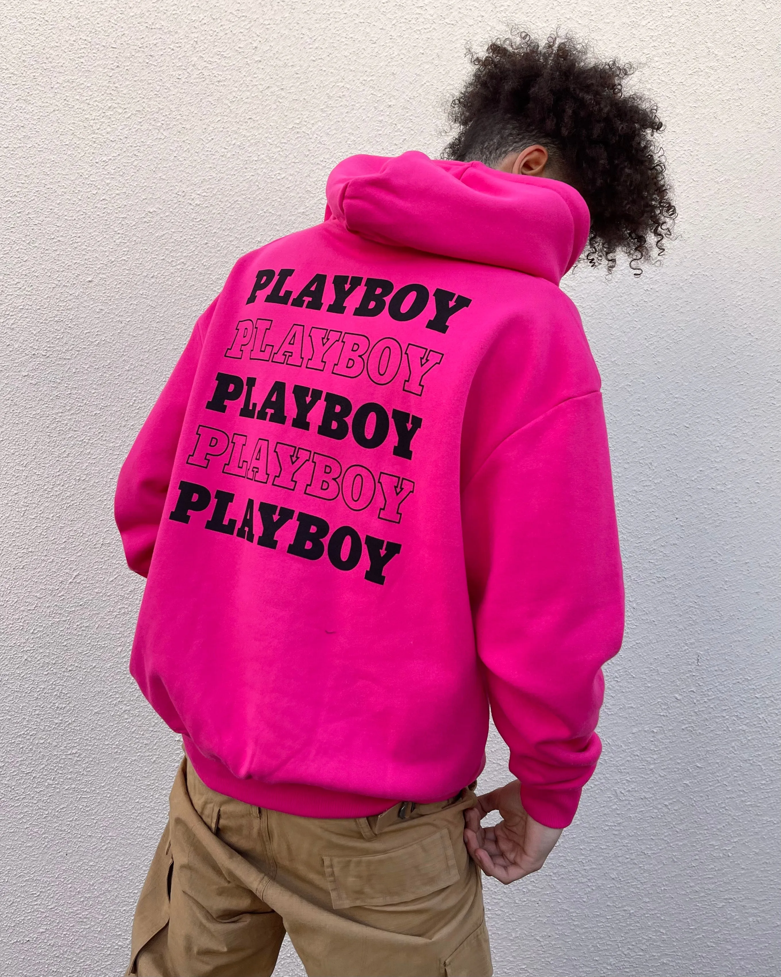 Lightweight Packable Build Playboy Stacked Hoodie Hot Pink