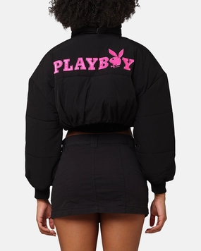 Playboy Bunny O Cropped Puffer Jacket Black Stretch Fit