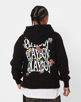 Zippered Pockets Fashion Comfort Playboy Flowers Hoodie Black