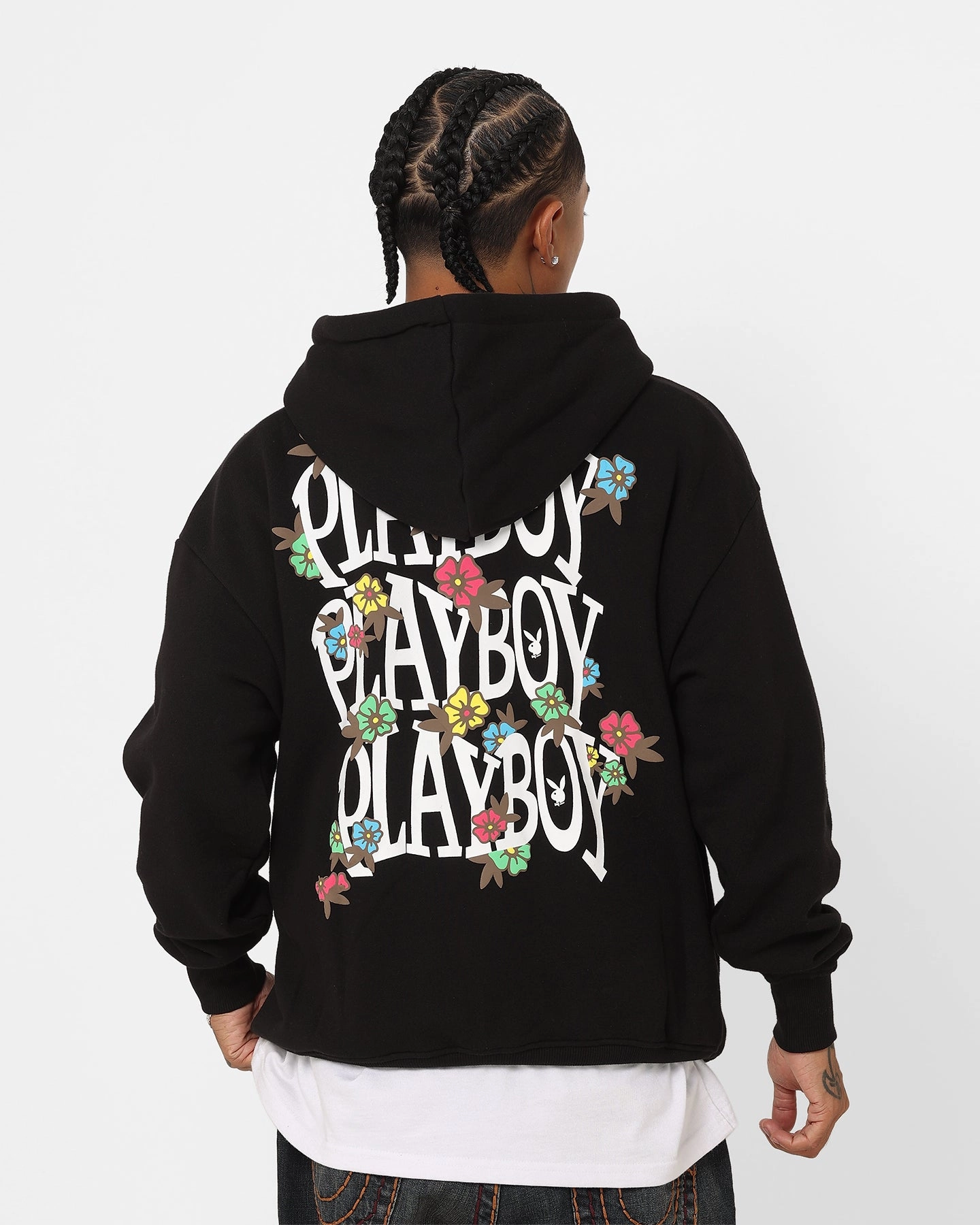 Zippered Pockets Fashion Comfort Playboy Flowers Hoodie Black