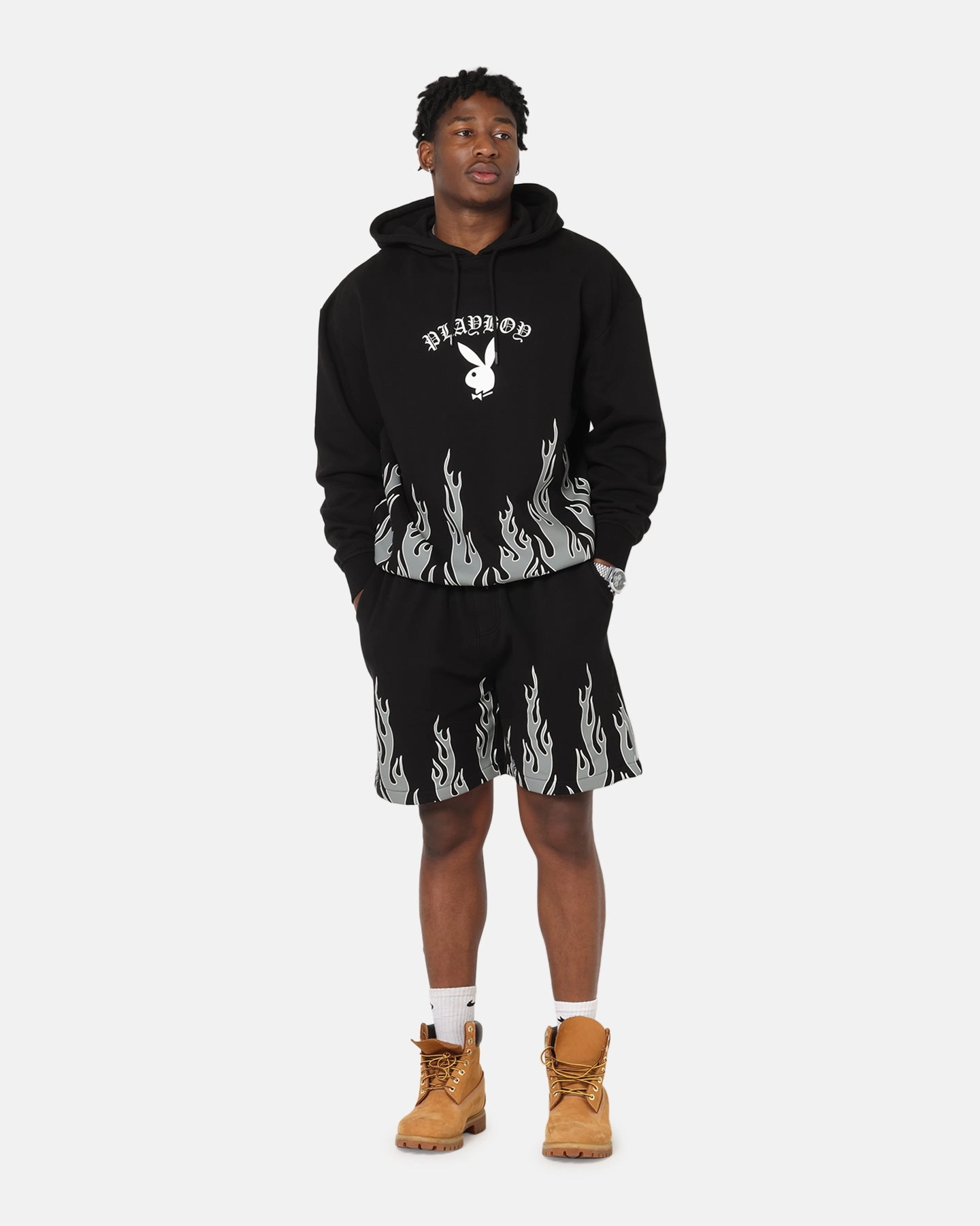 Matte Finish senior option Playboy Gothic Flames Hoodie Black