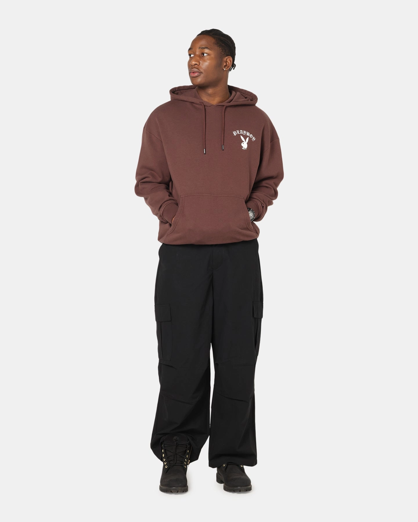 Playboy Gothic Mono Lips Hoodie Washed Brown Lightweight Fabric Urban Utility